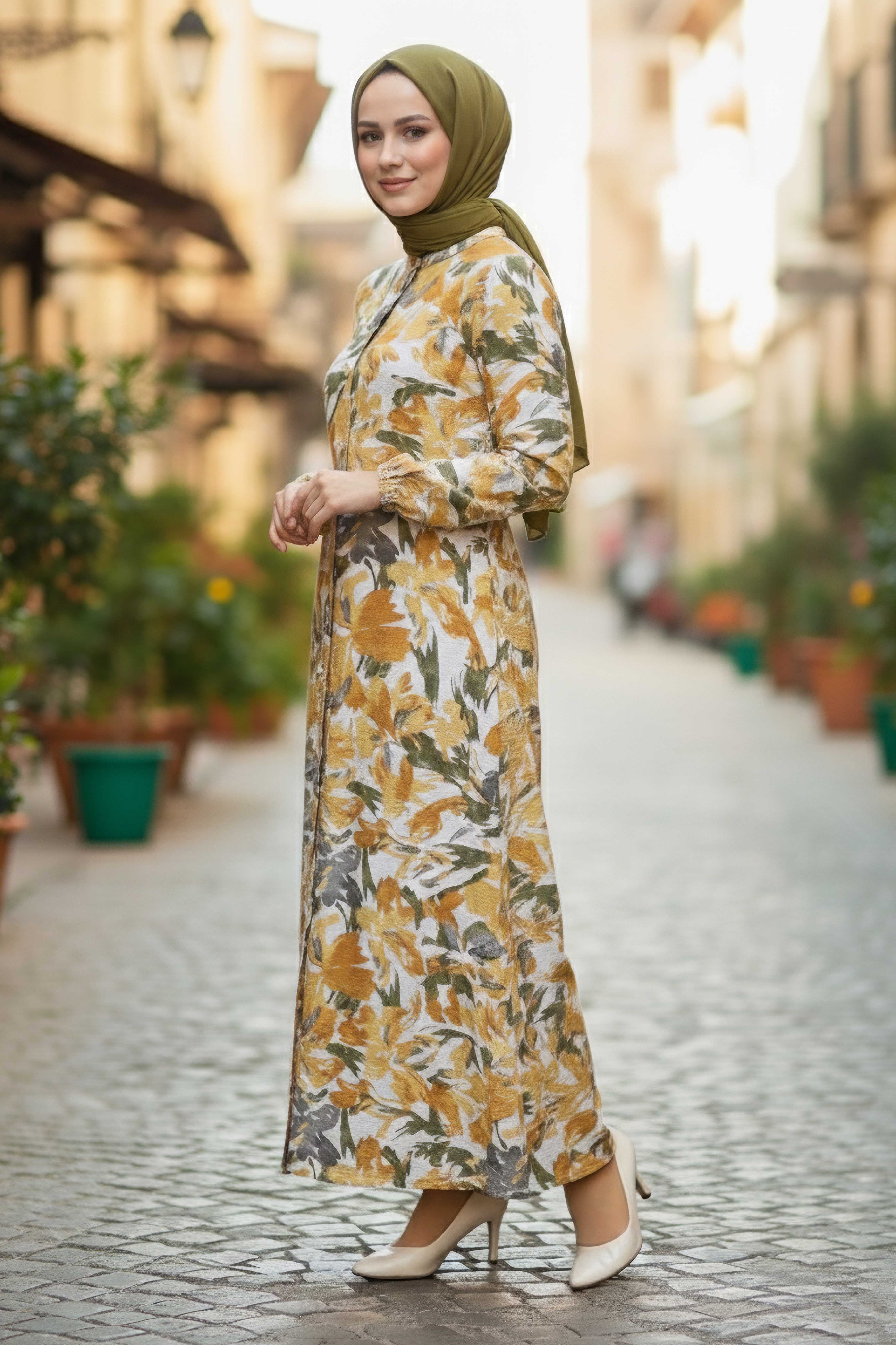 Cepli Baskılı Desenli Keten Elbise - 28295-HARDAL - 2