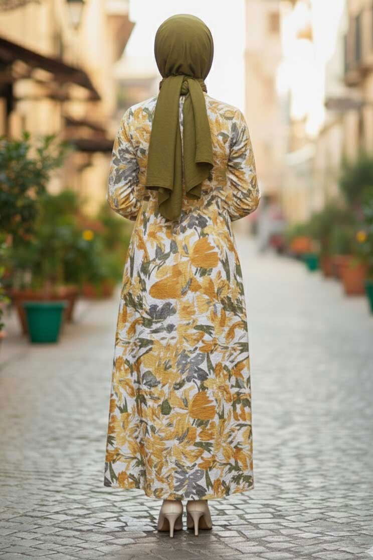 Cepli Baskılı Desenli Keten Elbise - 28295-HARDAL - 3