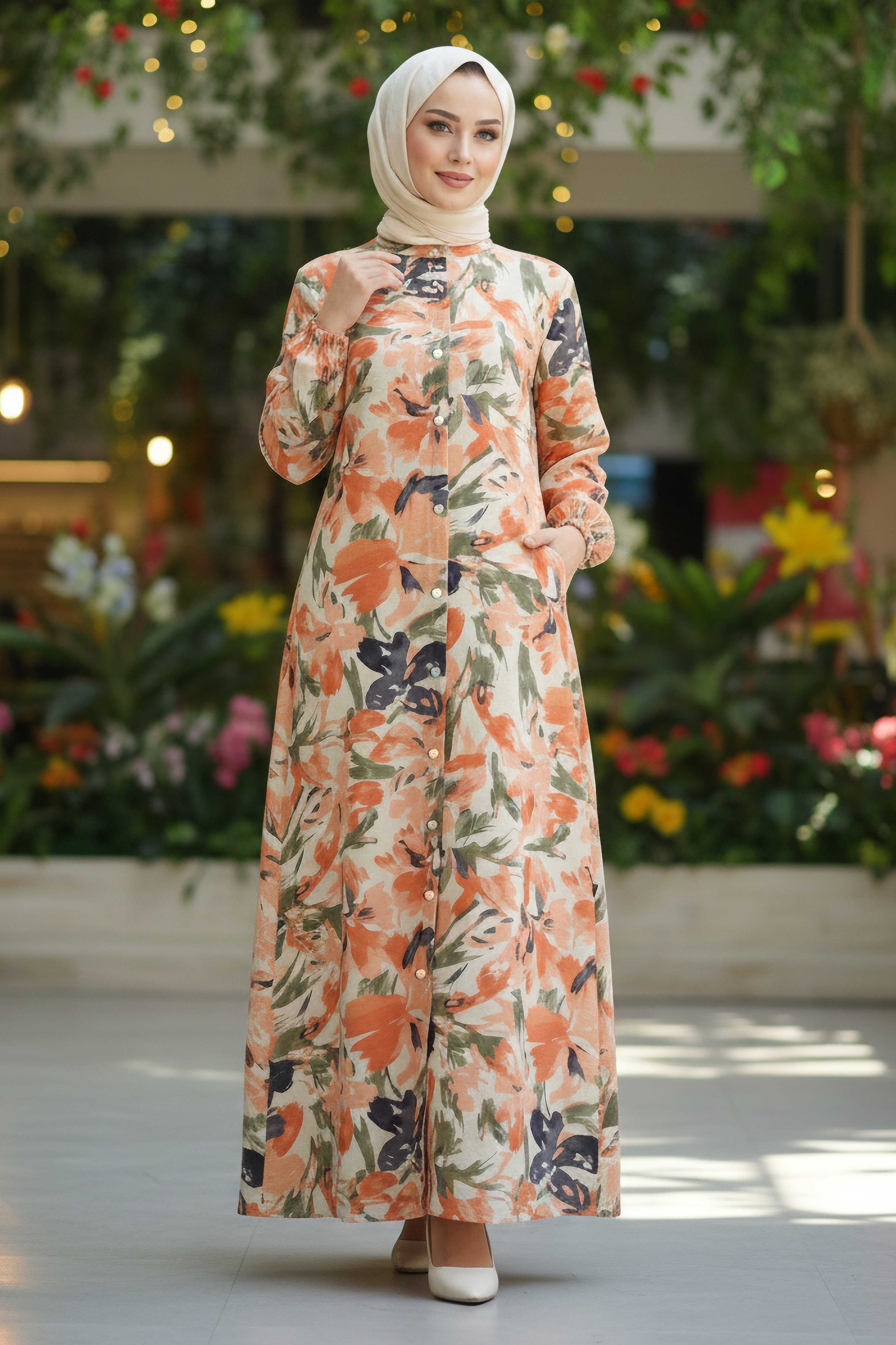 Cepli Baskılı Desenli Keten Elbise - 28295-ORANJ - 1