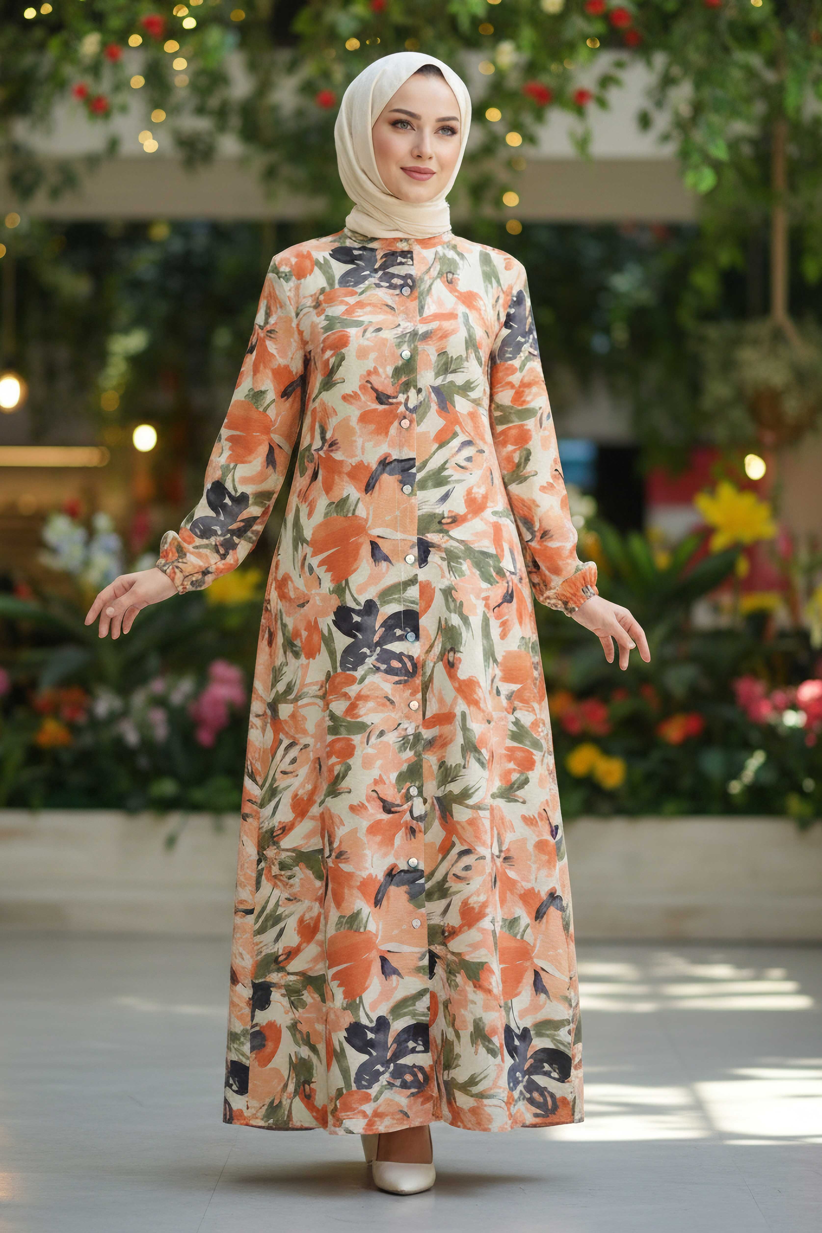 Cepli Baskılı Desenli Keten Elbise - 28295-ORANJ - 2