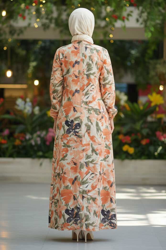 Cepli Baskılı Desenli Keten Elbise - 28295-ORANJ - 3