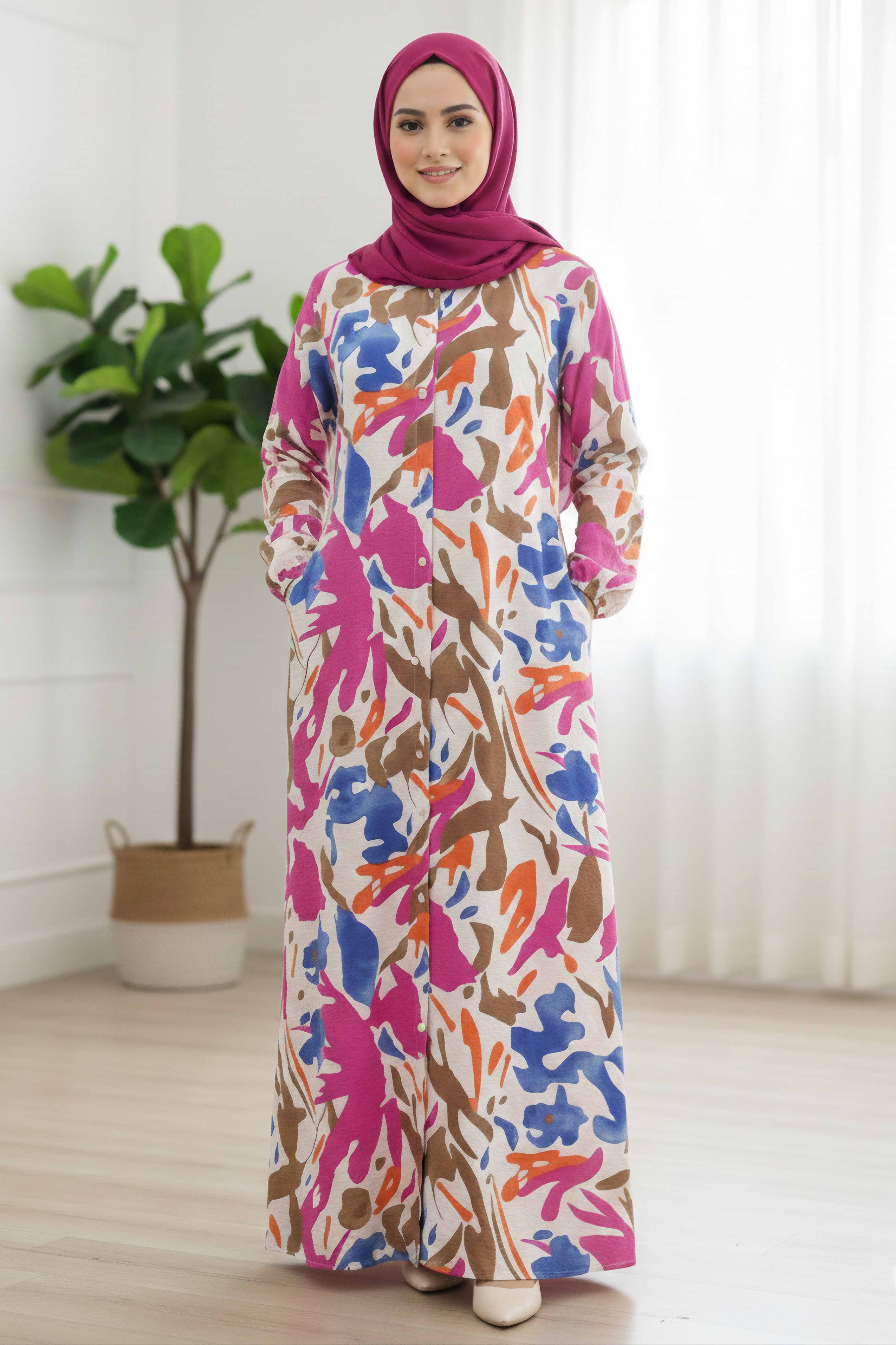 Cepli Baskılı Desenli Keten Elbise - 28296-FUSYA - 2