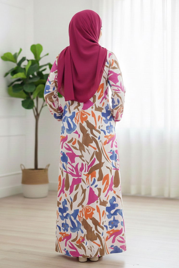 Cepli Baskılı Desenli Keten Elbise - 28296-FUSYA - 3