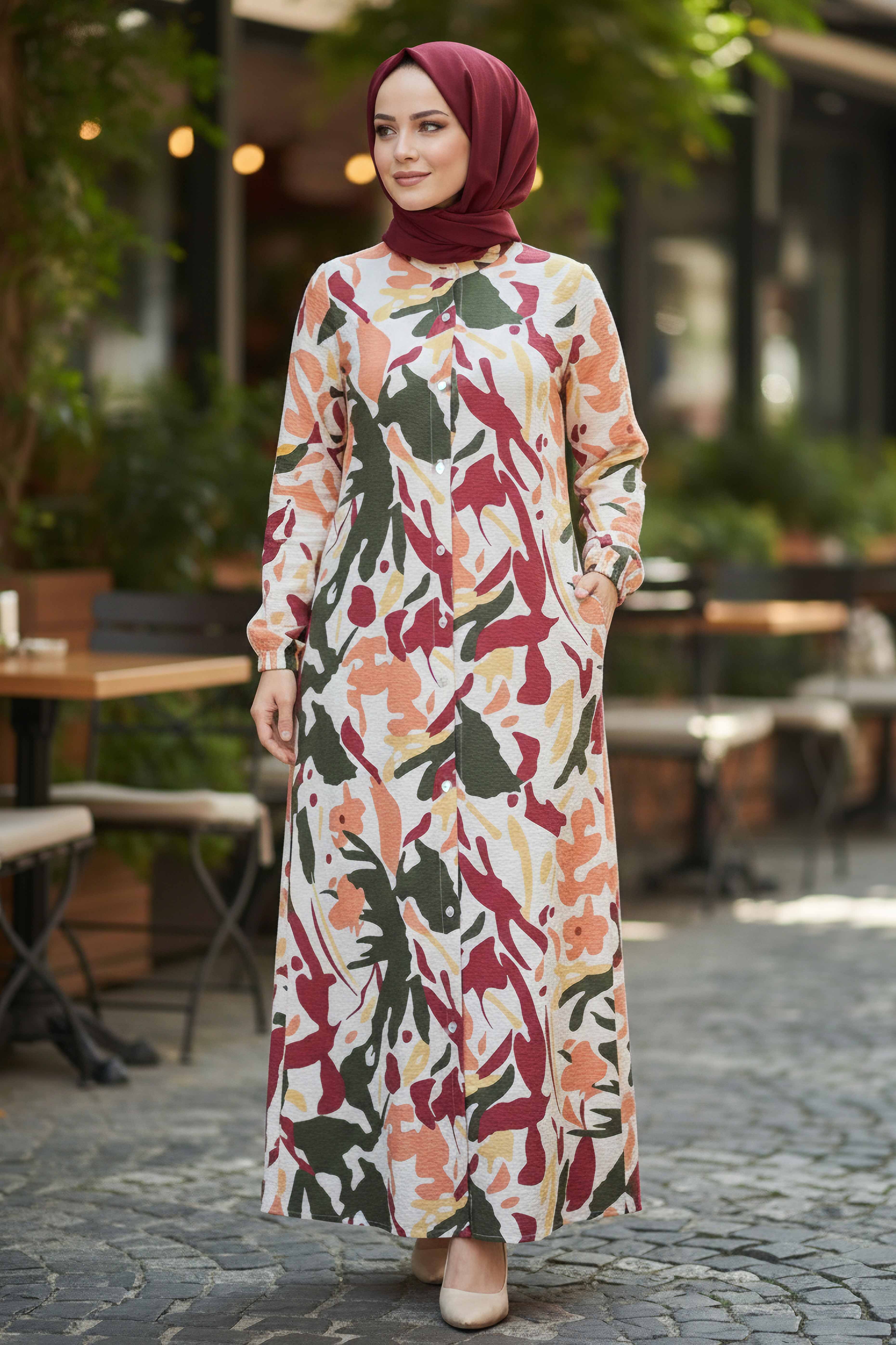 Cepli Baskılı Desenli Keten Elbise - 28296-HAKI - 2