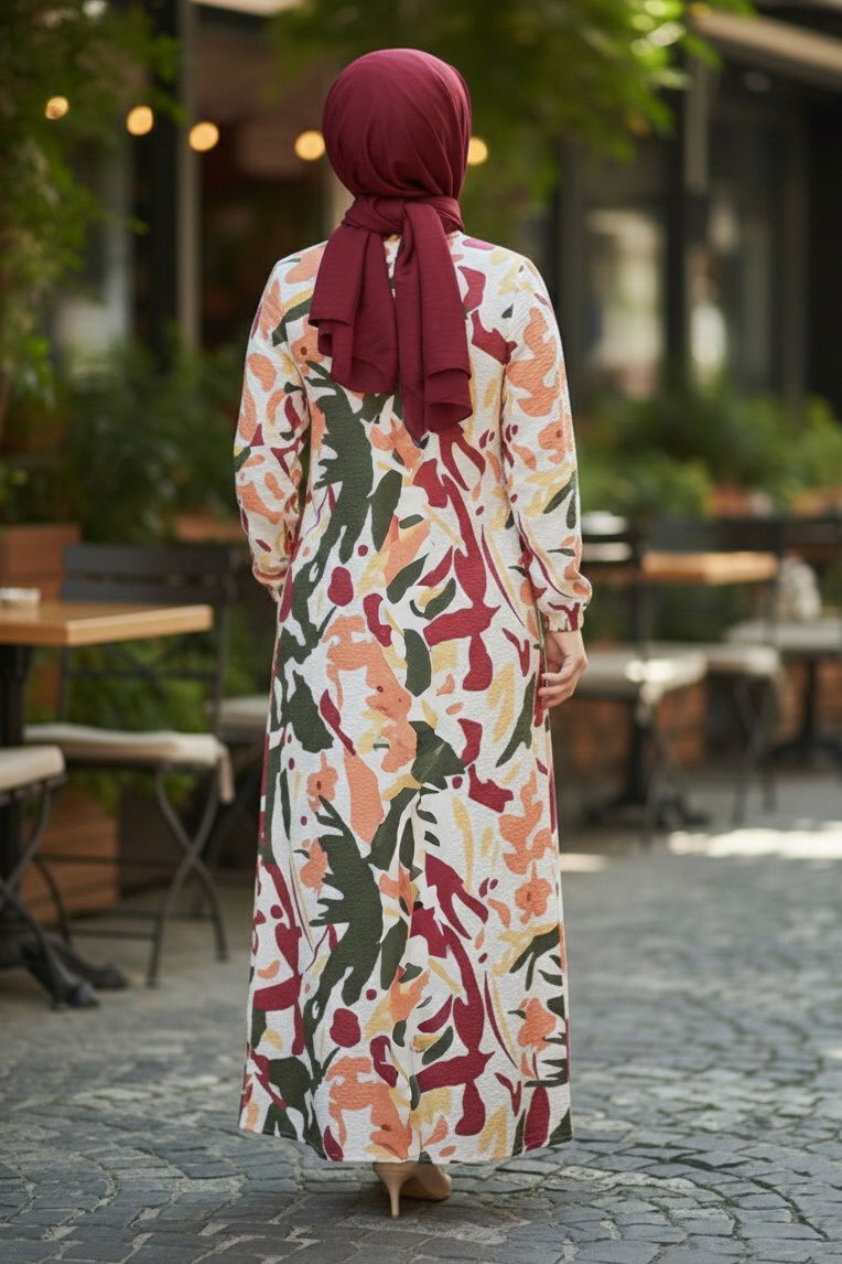 Cepli Baskılı Desenli Keten Elbise - 28296-HAKI - 3