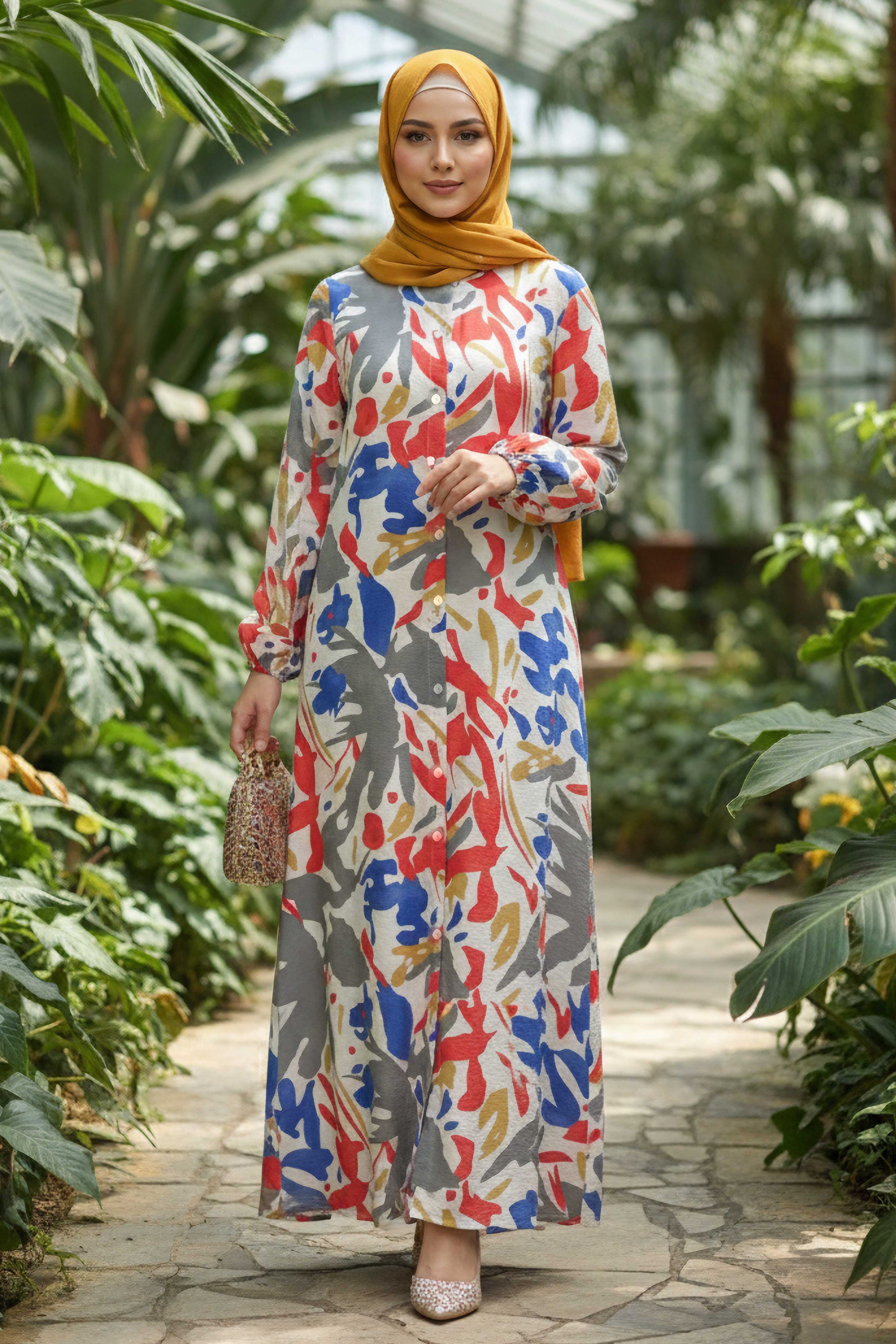 Cepli Baskılı Desenli Keten Elbise - 28296-SAKS - 1