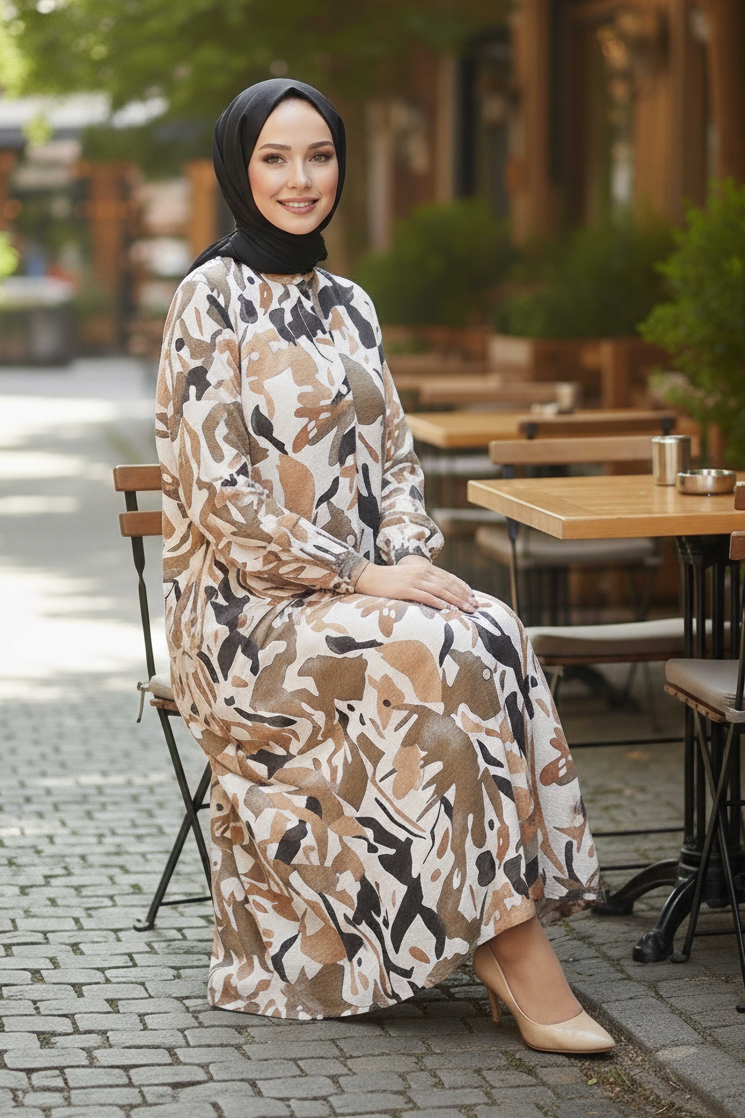 Cepli Baskılı Desenli Keten Elbise - 28296-TABA - 1