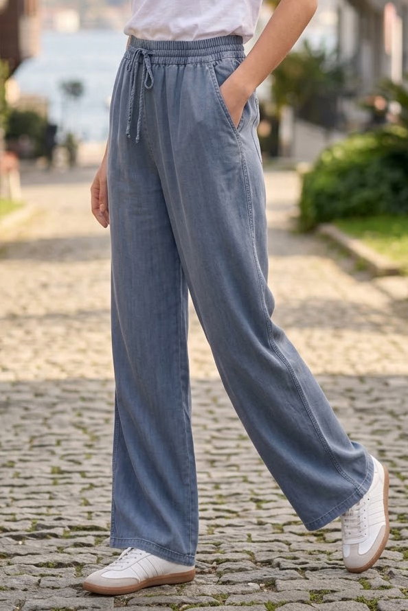 Cepli Beli Lastikli Tensel Pantolon Mavi - 29017-MAVI - 2