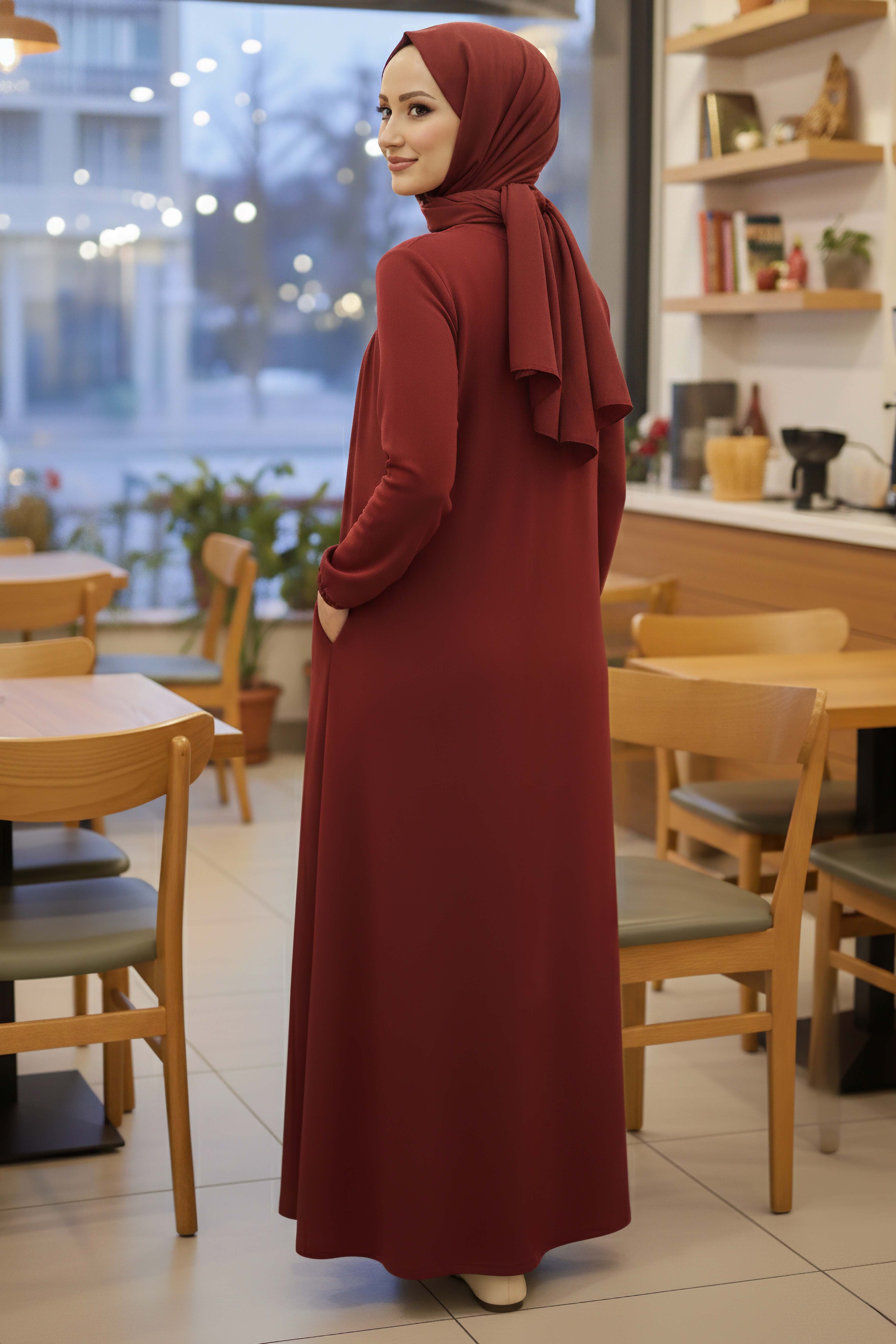 Cepli Büzgülü Elbise - 2076-BORDO - 4