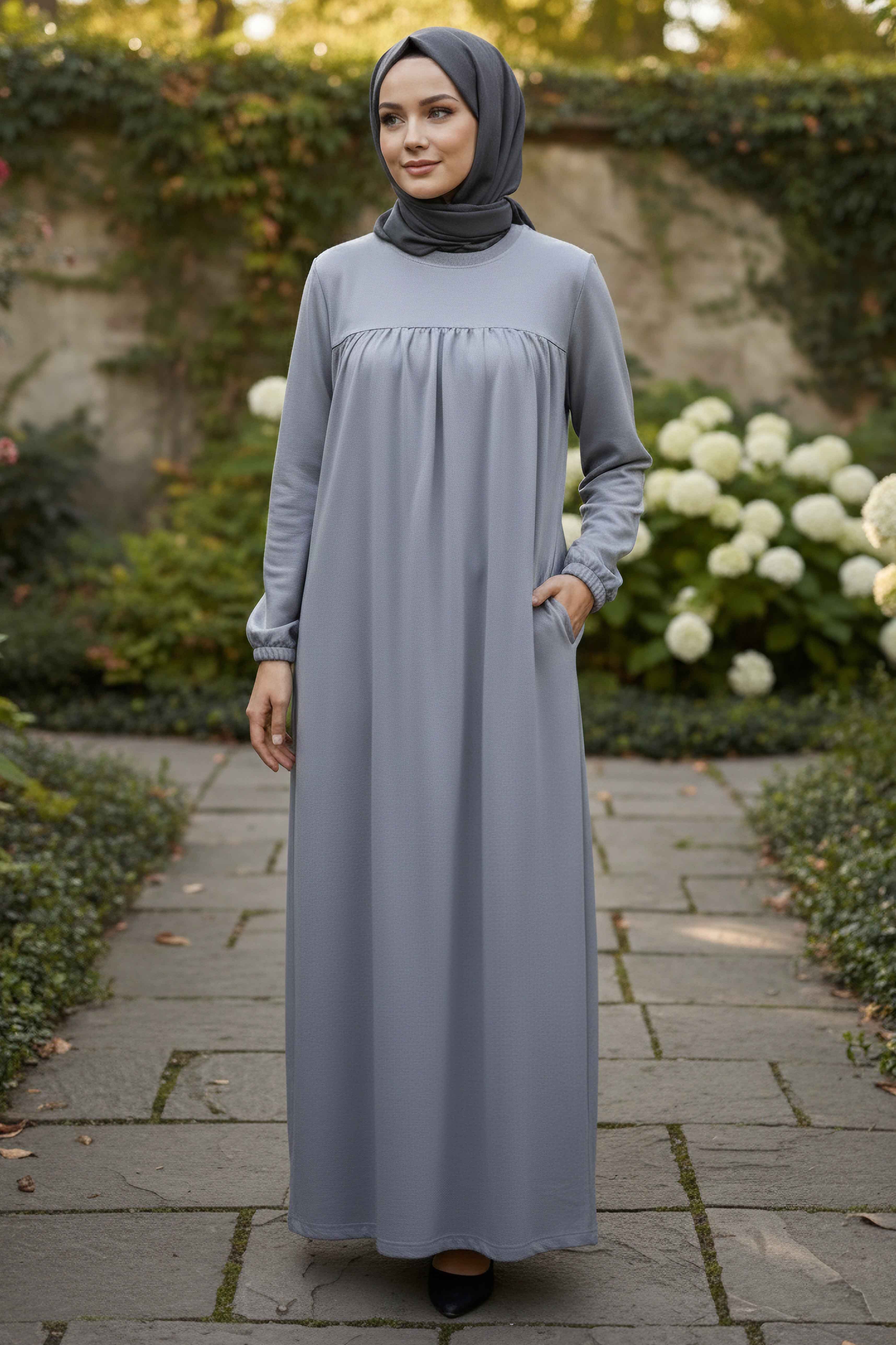 Cepli Büzgülü Elbise - 2076-GRI - 2