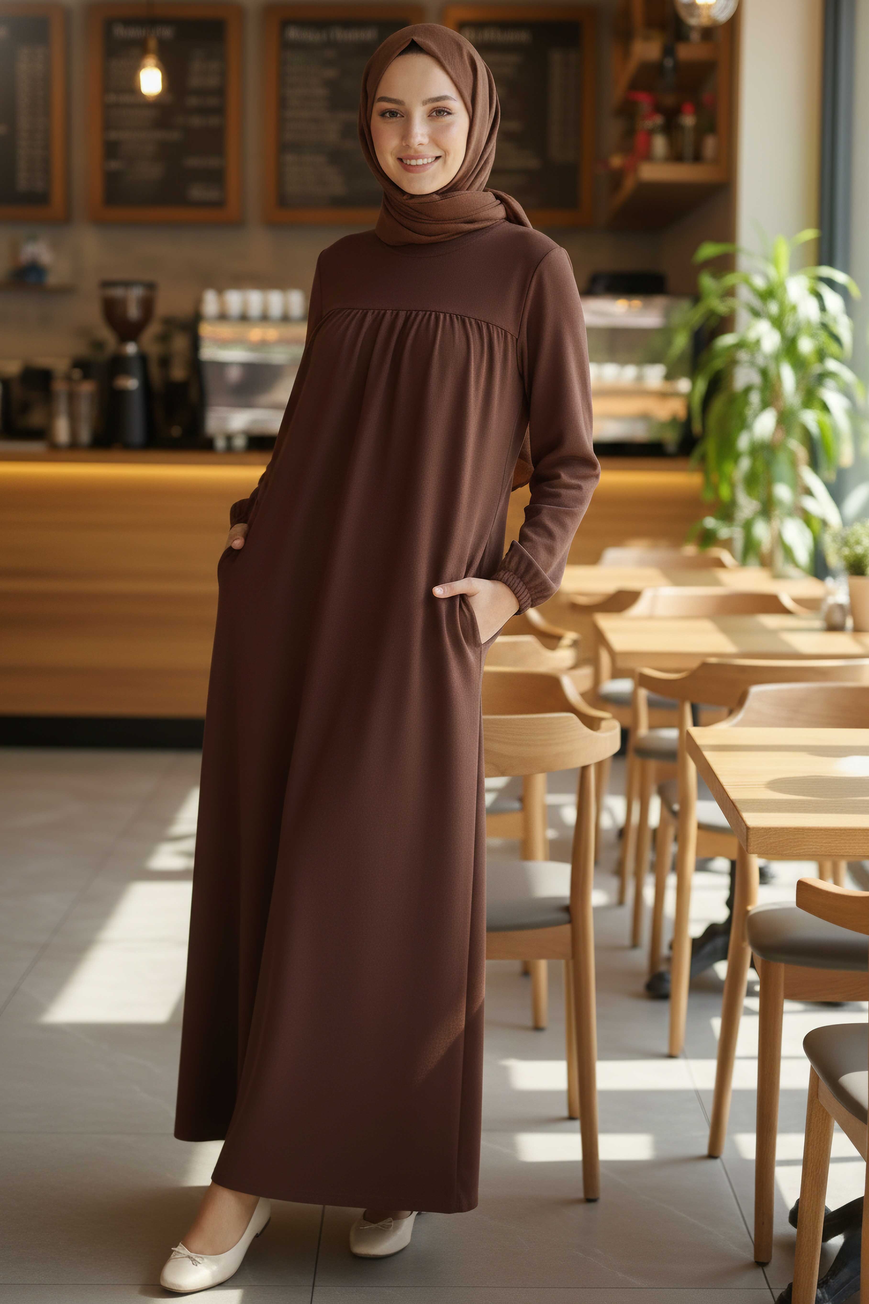 Cepli Büzgülü Elbise - 2076-KAHVE - 1