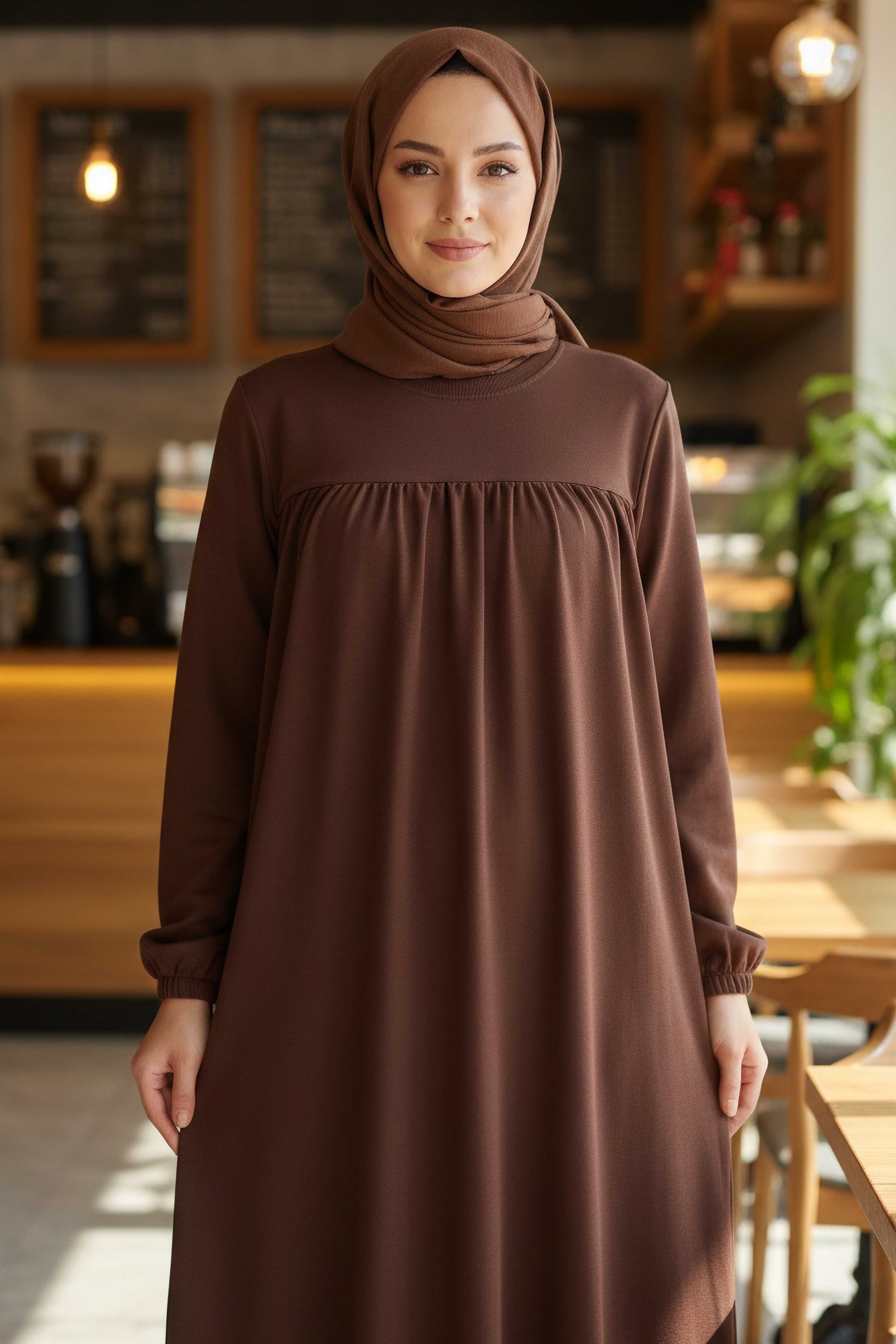 Cepli Büzgülü Elbise - 2076-KAHVE - 3