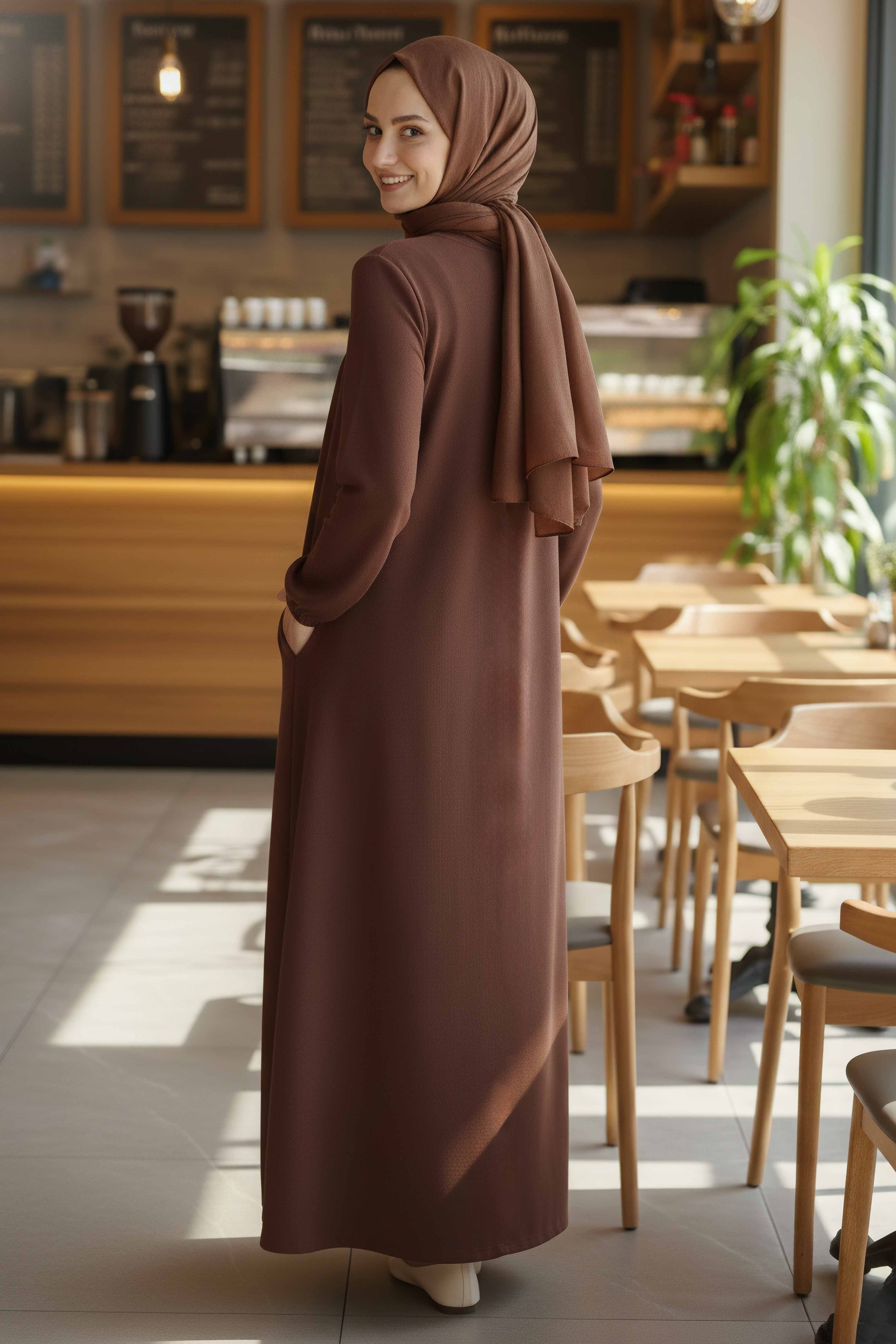 Cepli Büzgülü Elbise - 2076-KAHVE - 4