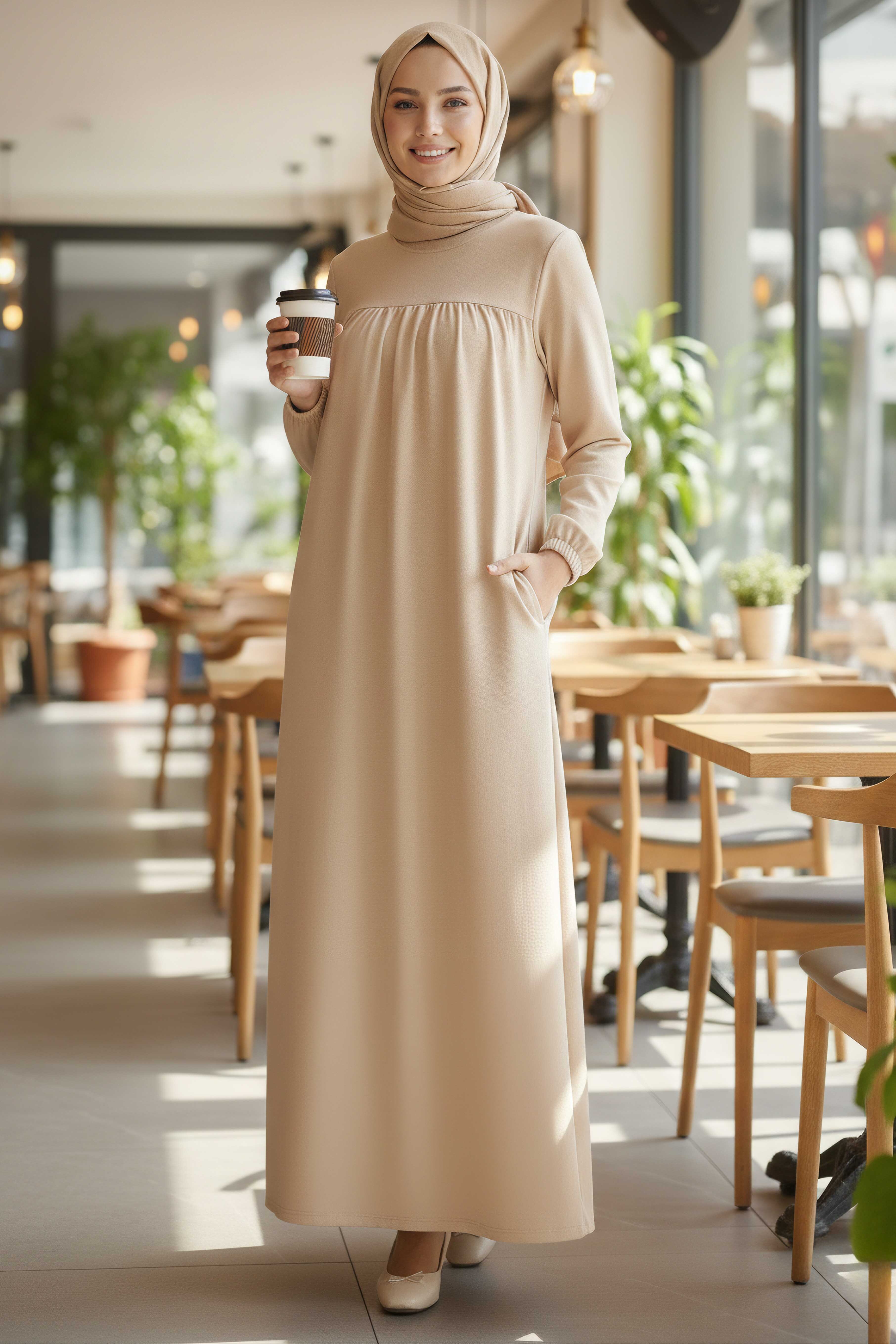 Cepli Büzgülü Elbise - 2076-KREM - 1