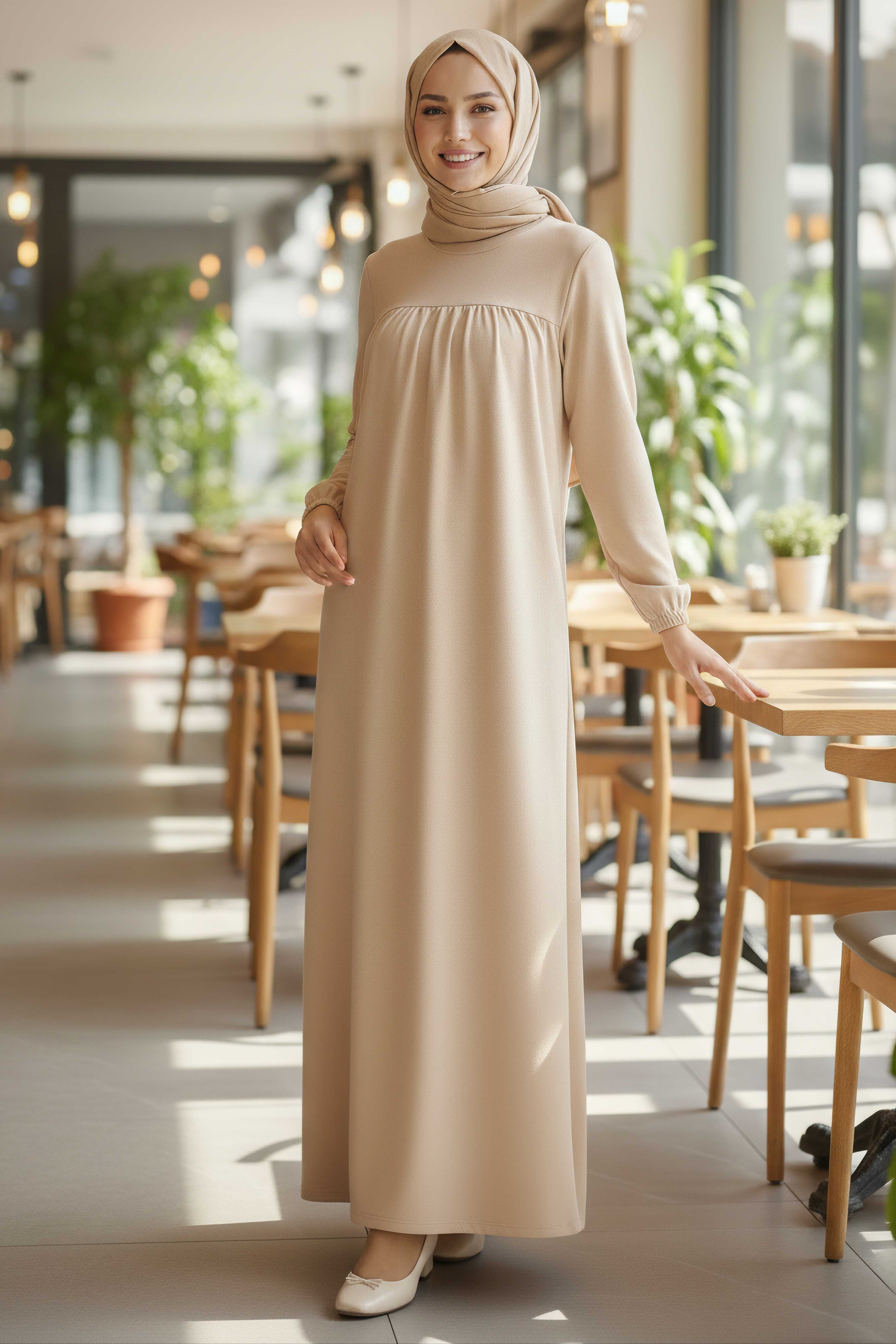 Cepli Büzgülü Elbise - 2076-KREM - 2