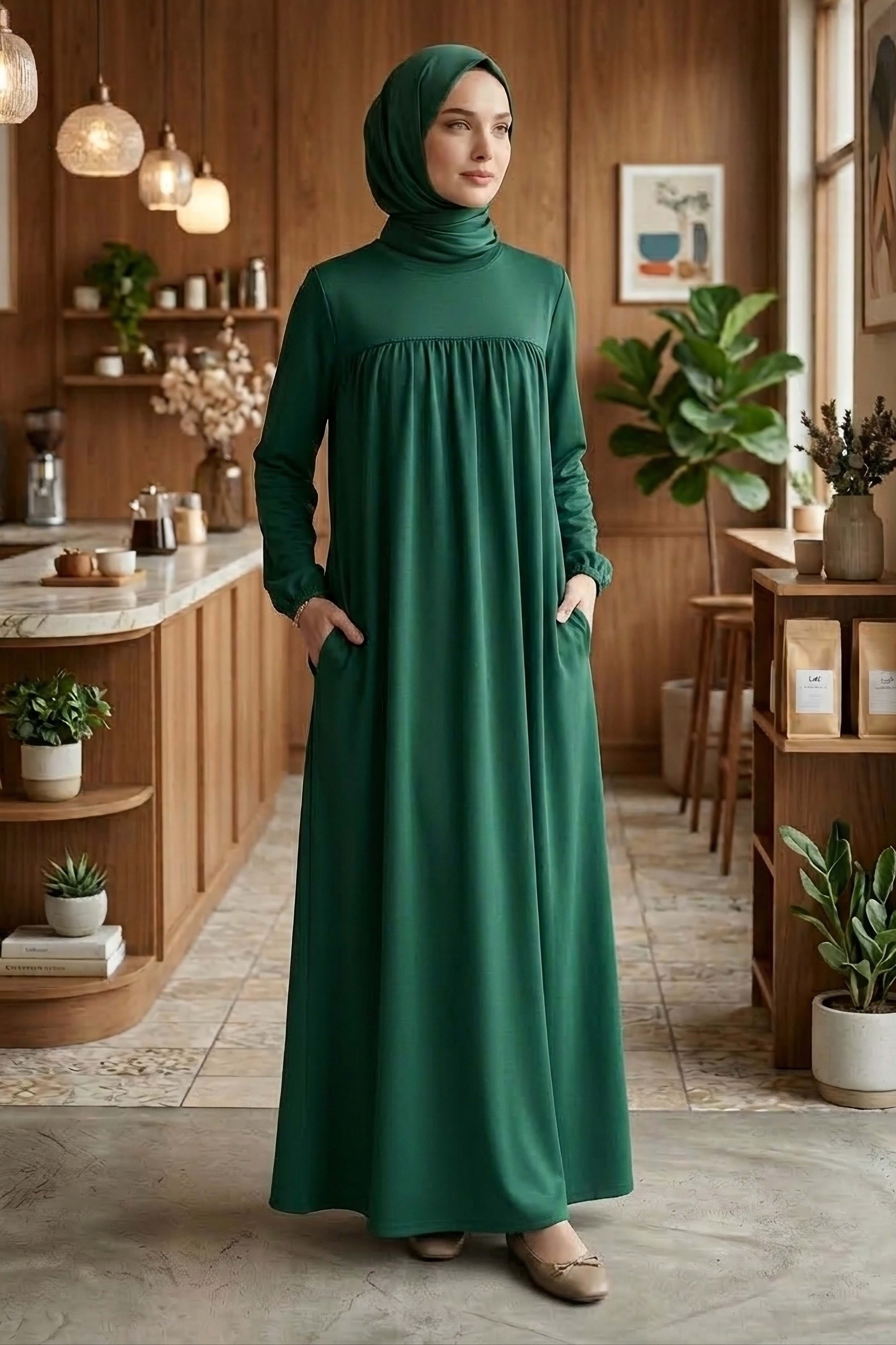 Cepli Büzgülü Elbise - 2076-ZUMRUT - 2