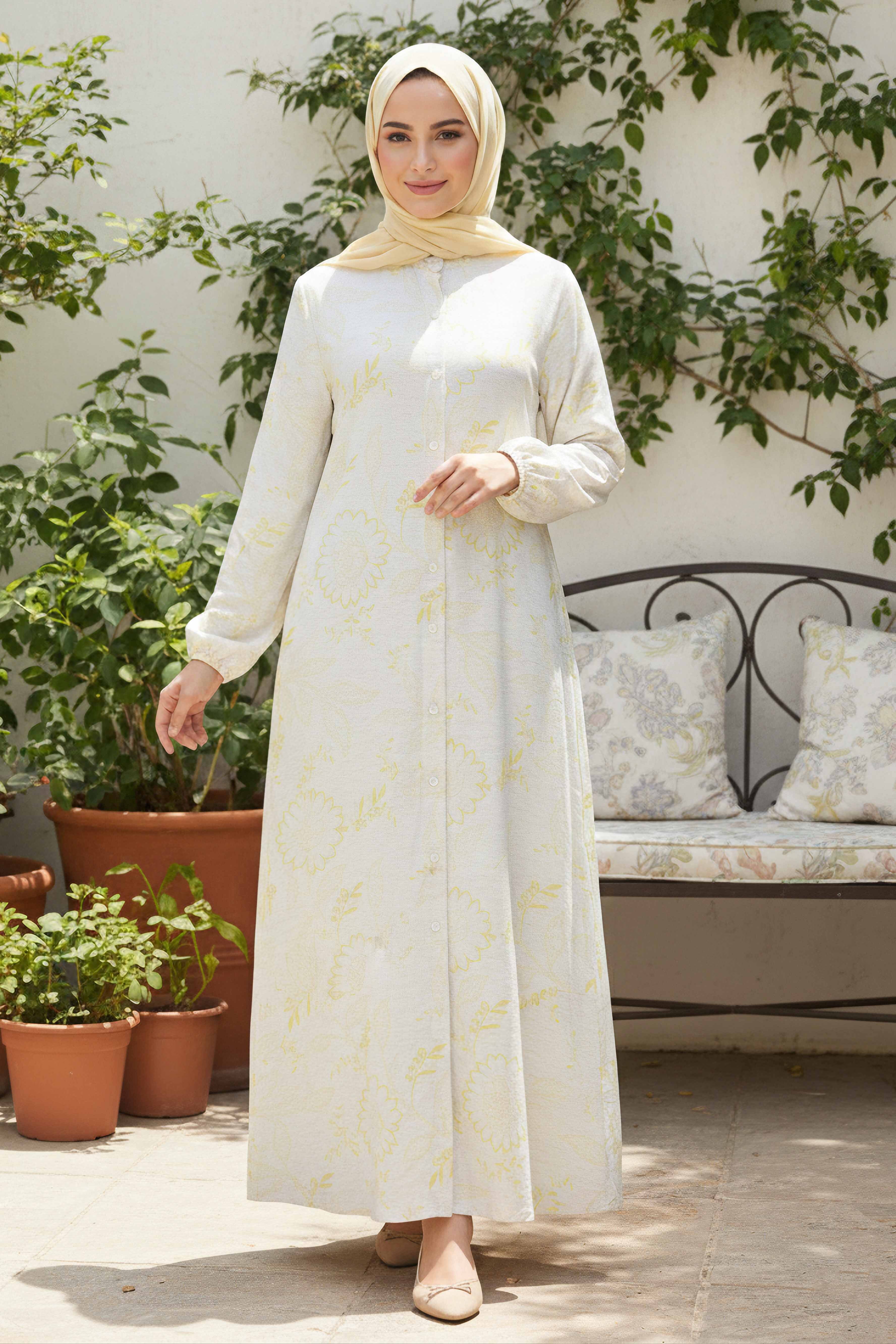 Cepli Desenli Keten Elbise - 28294-SARI - 1