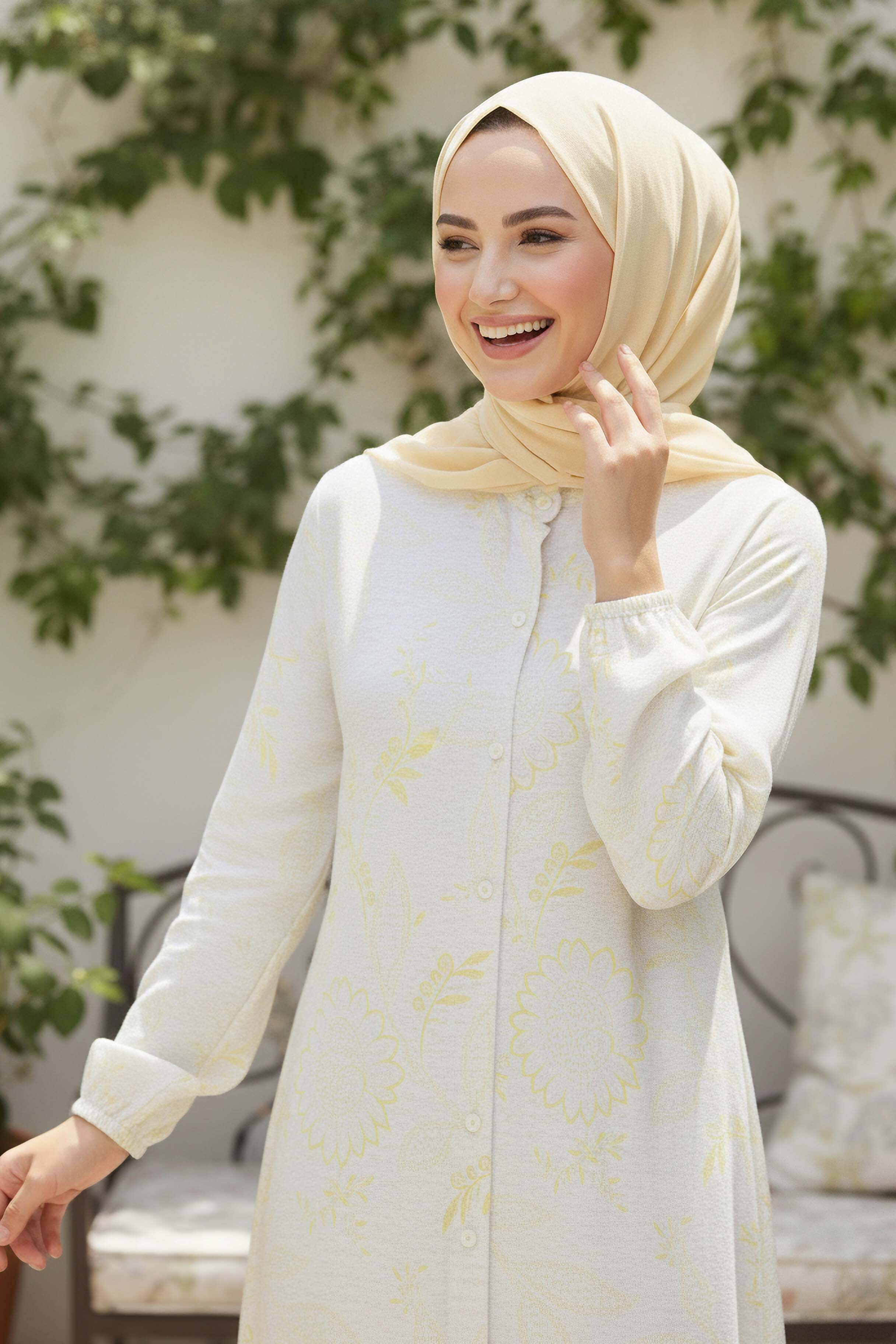 Cepli Desenli Keten Elbise - 28294-SARI - 2