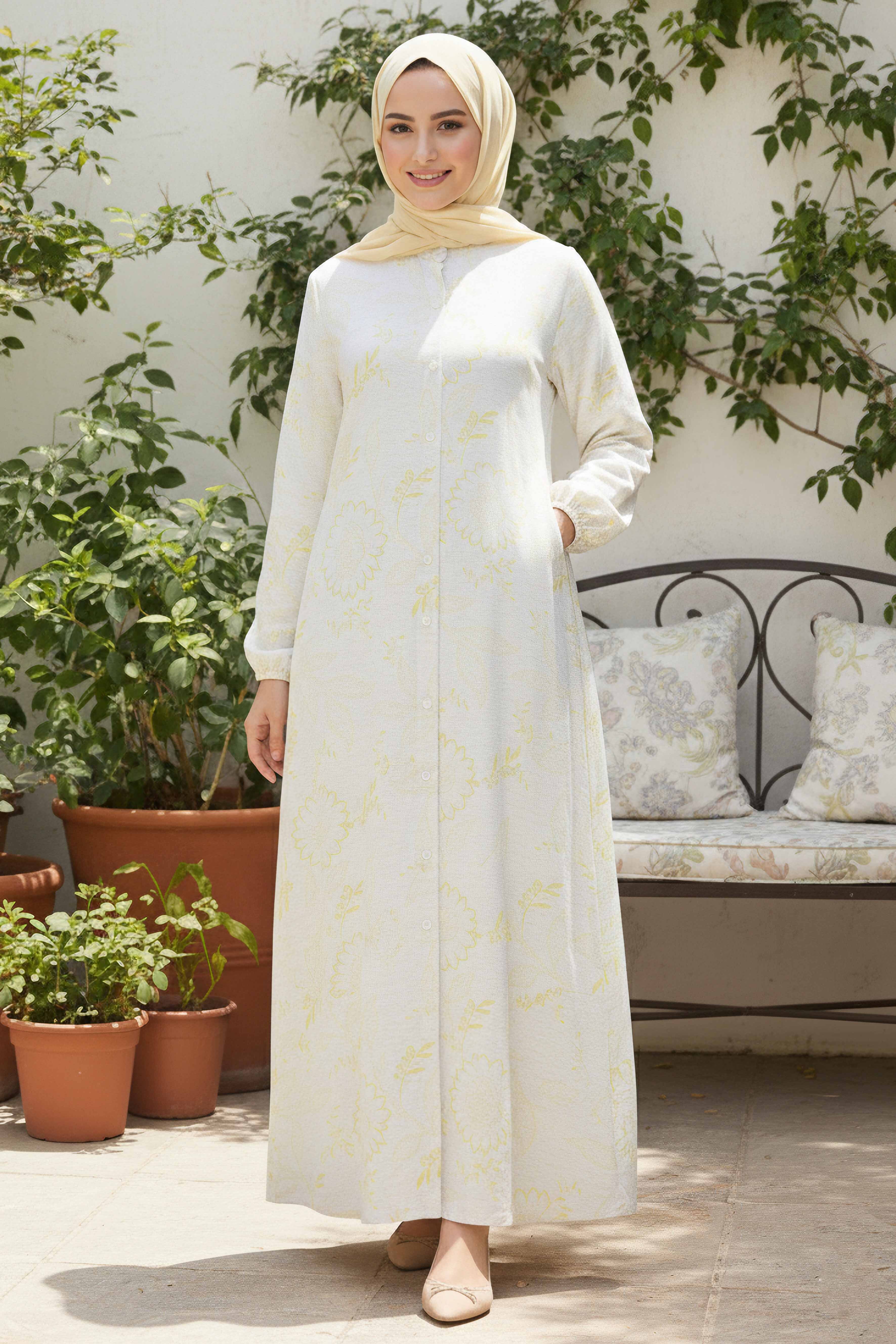 Cepli Desenli Keten Elbise - 28294-SARI - 3