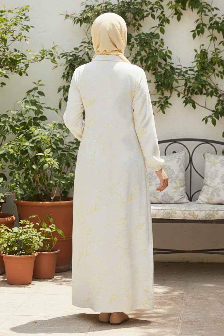 Cepli Desenli Keten Elbise - 28294-SARI - 4