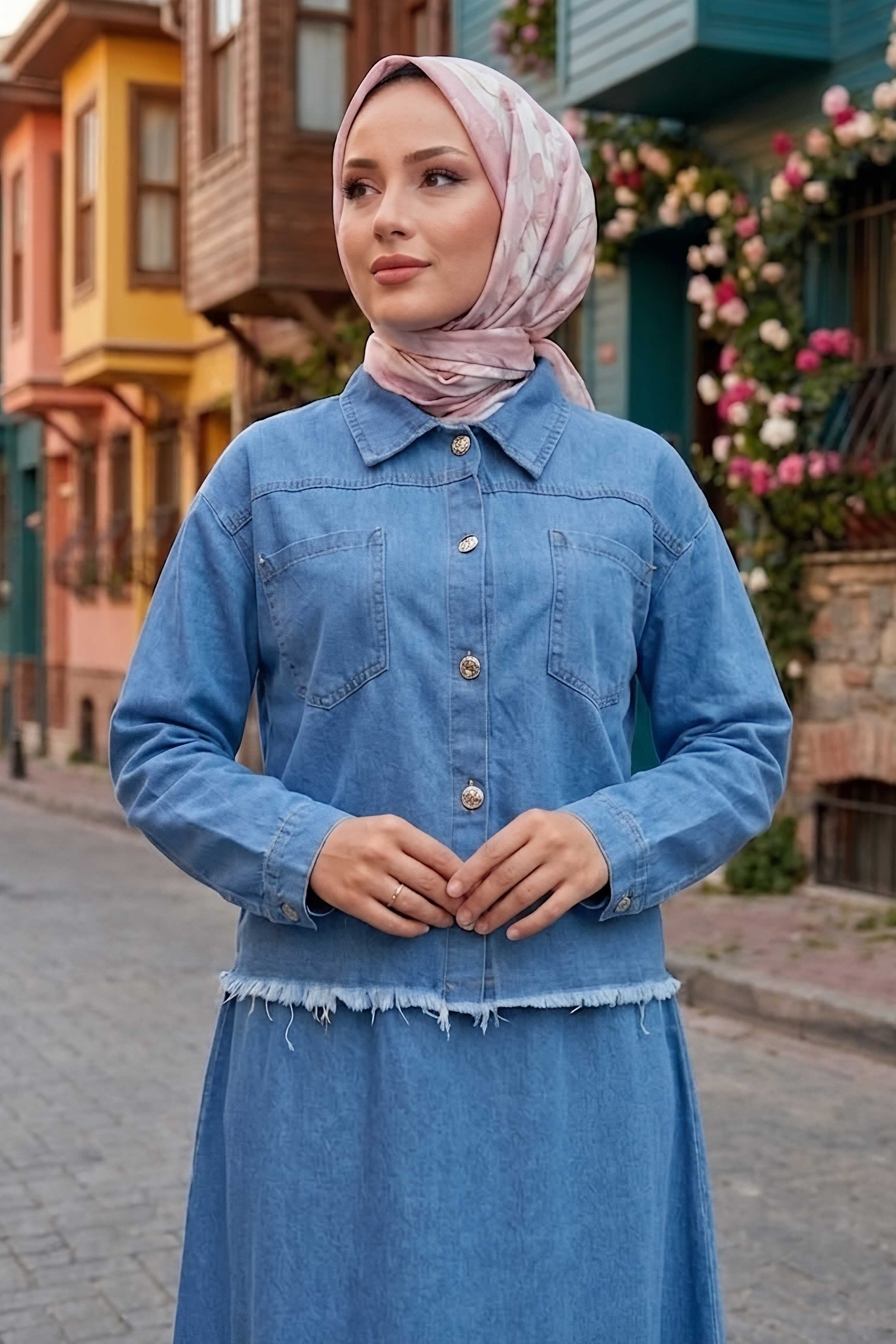 Cepli Düğme Detaylı Etekli Kot Takım Acik Mavi - 28581-ACIK-MAVI - 2