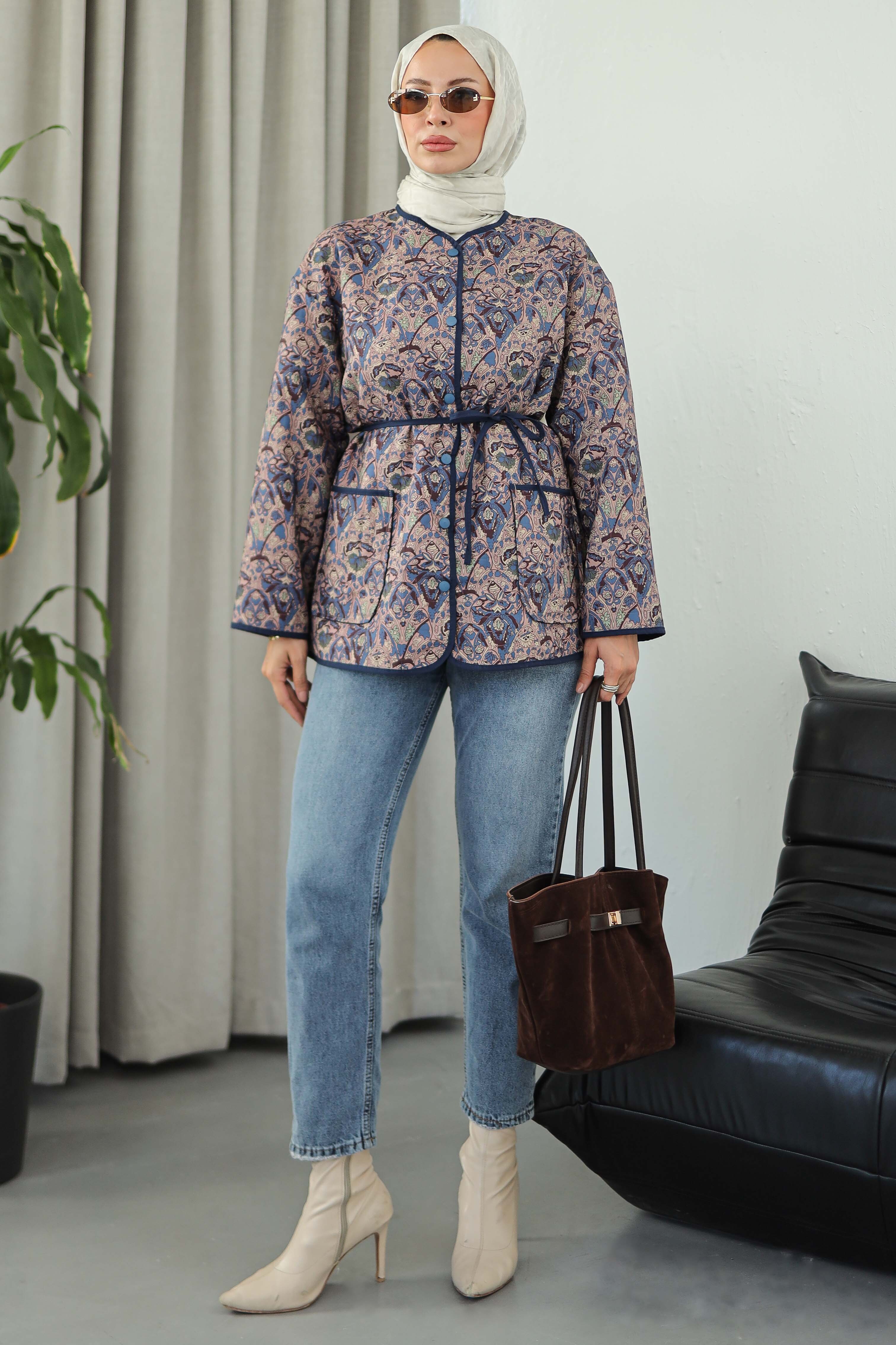 Cepli Etnik Desenli Çıtçıtlı Ceket - 27830-LACIVERT - 3