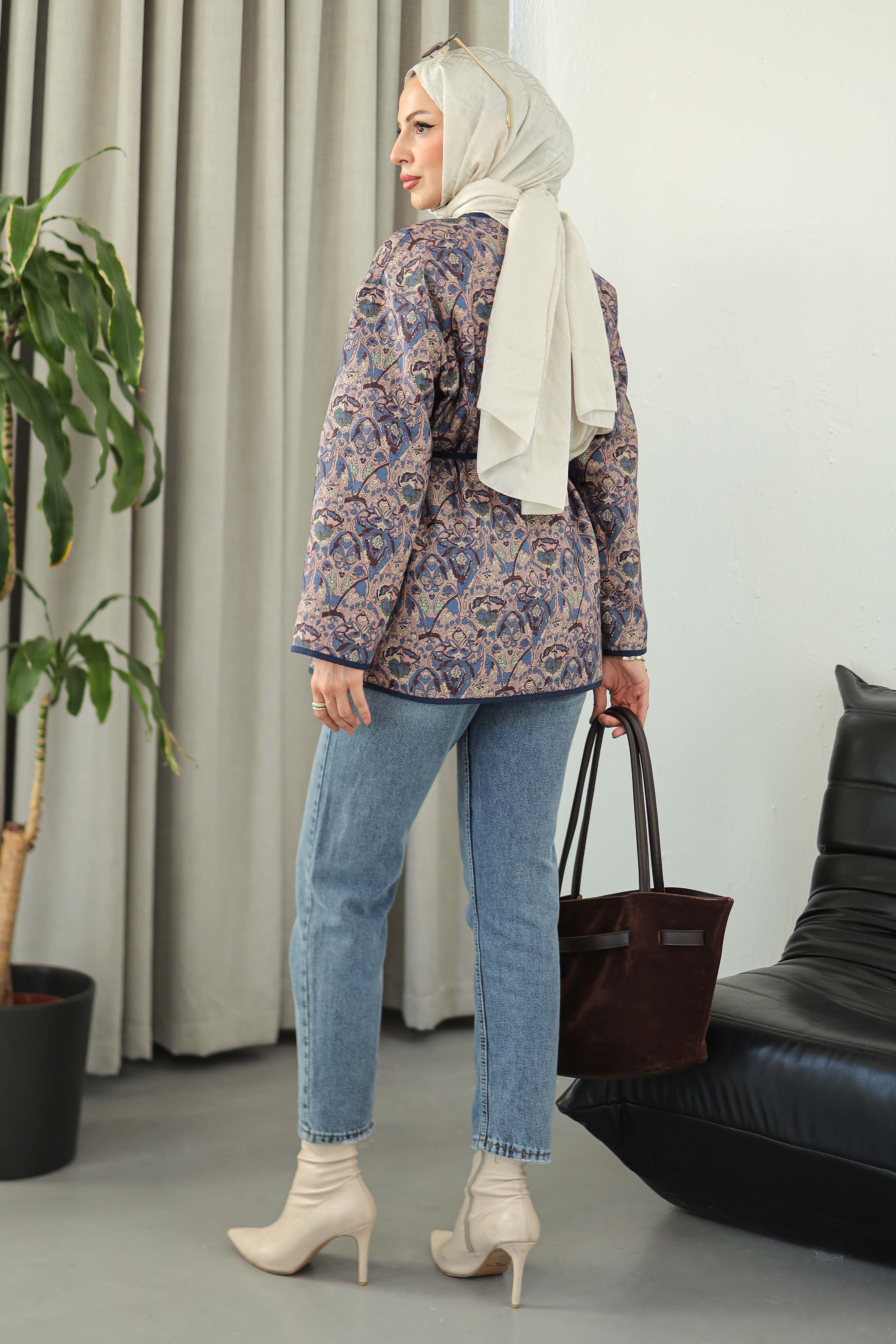 Cepli Etnik Desenli Çıtçıtlı Ceket - 27830-LACIVERT - 6