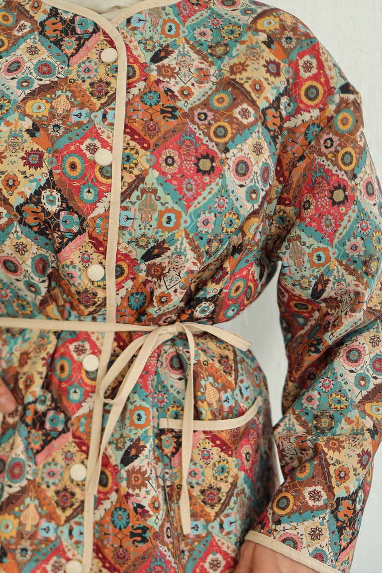 Cepli Etnik Desenli Çıtçıtlı Ceket - 27831-KREM - TOFİSA