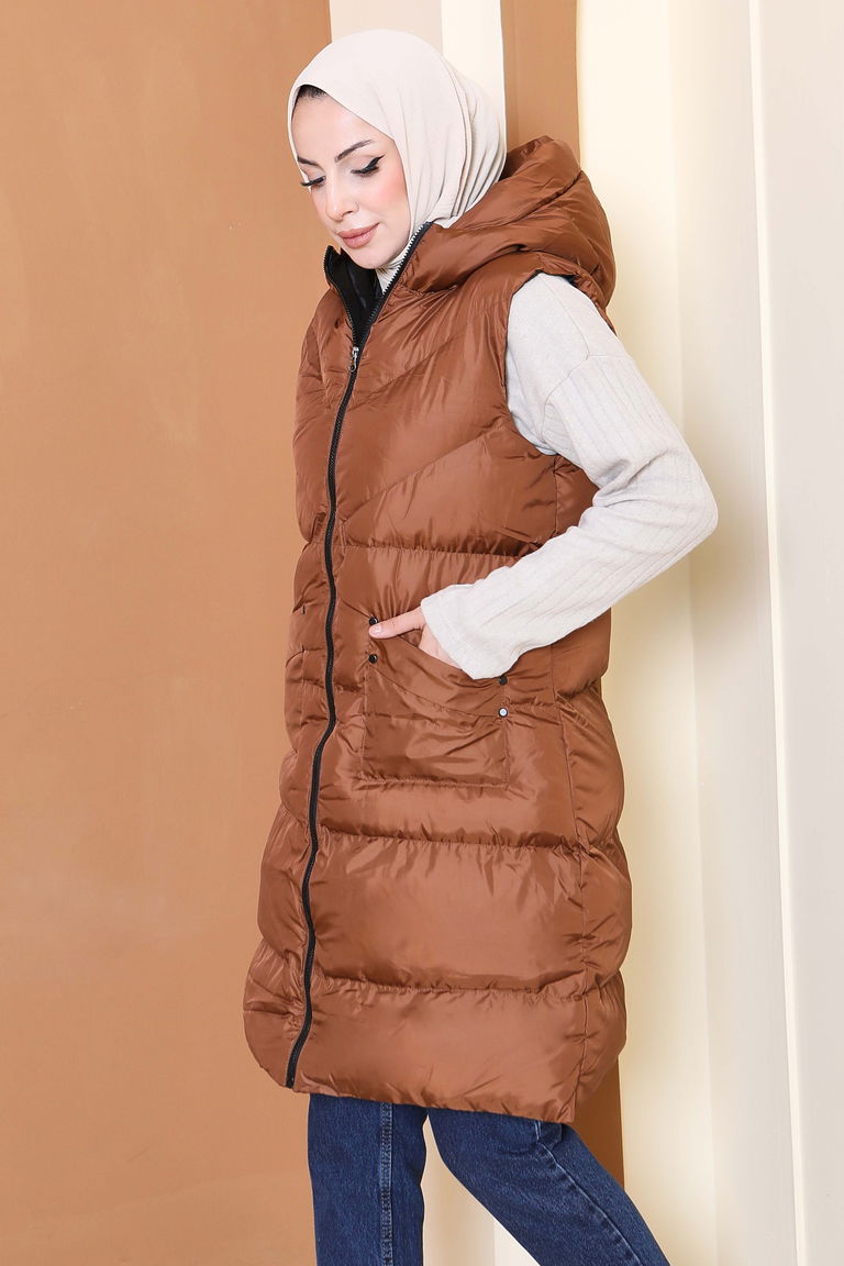 Cepli Fermuarlı Kopitone Şişme Yelek - 27770-KAHVE - TOFİSA