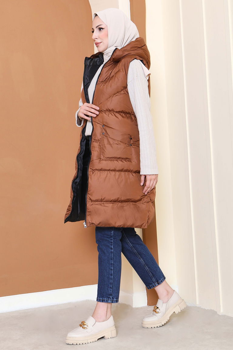 Cepli Fermuarlı Kopitone Şişme Yelek - 27770-KAHVE - TOFİSA