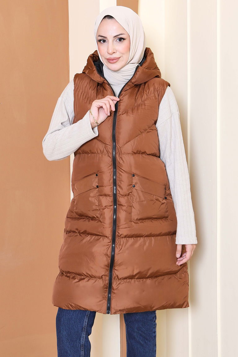 Cepli Fermuarlı Kopitone Şişme Yelek - 27770-KAHVE - TOFİSA