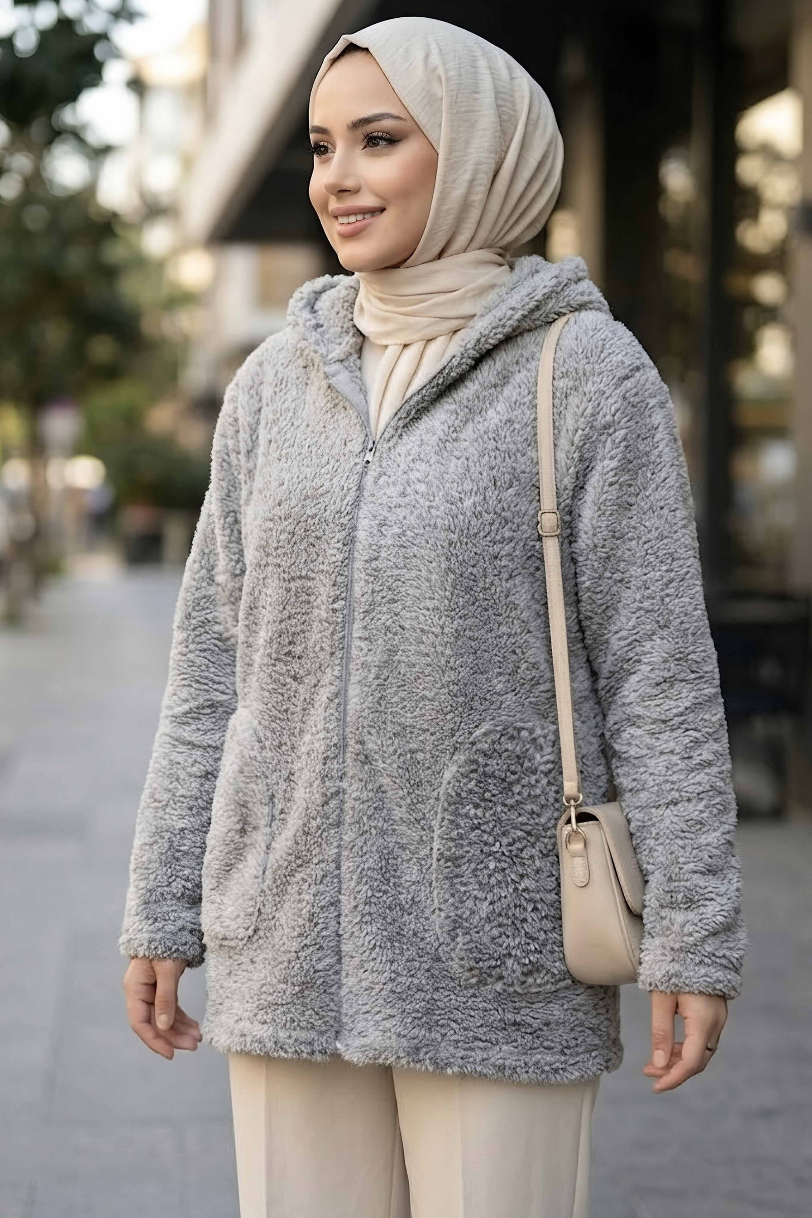 Cepli Kapşonlu Peluş Mont Gri - 29112-GRI - 1