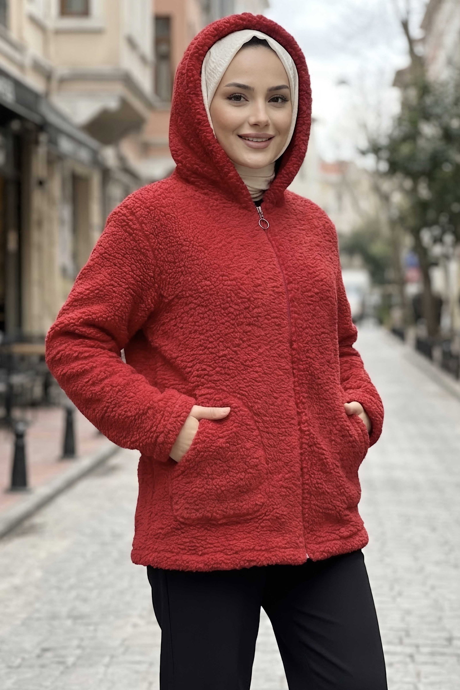 Cepli Kapşonlu Peluş Mont Kirmizi - 29112-KIRMIZI - 1