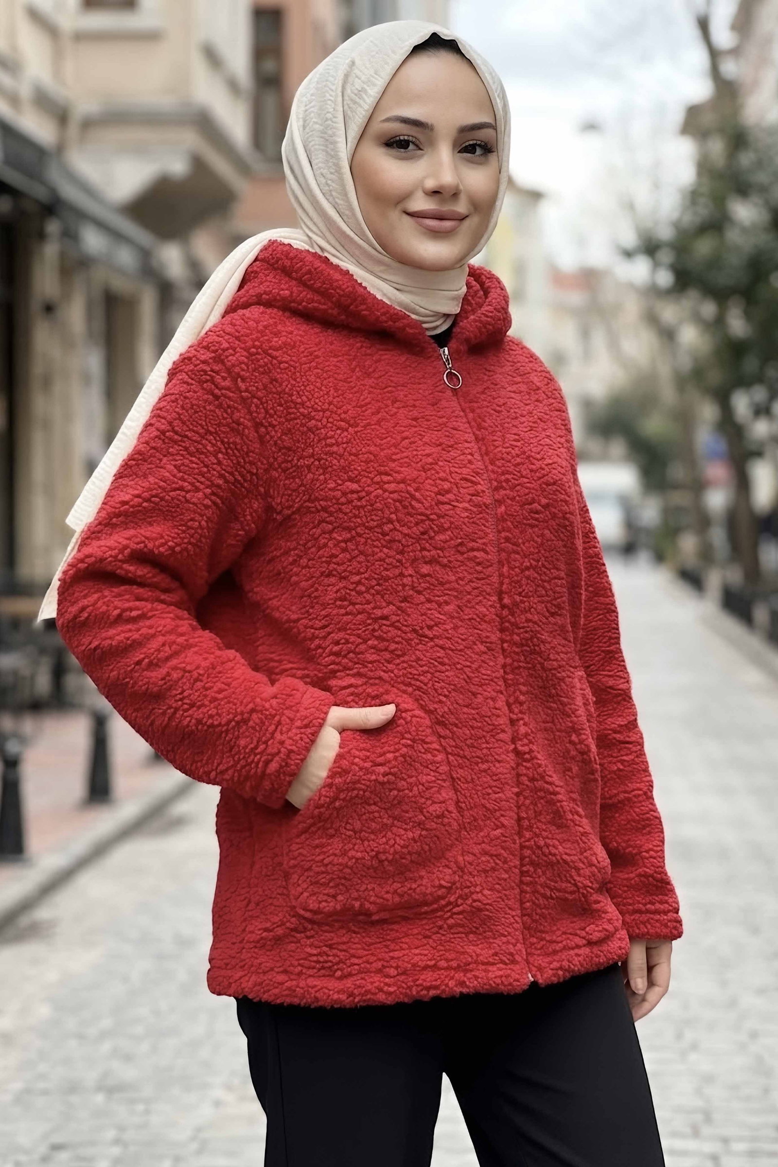 Cepli Kapşonlu Peluş Mont Kirmizi - 29112-KIRMIZI - 2