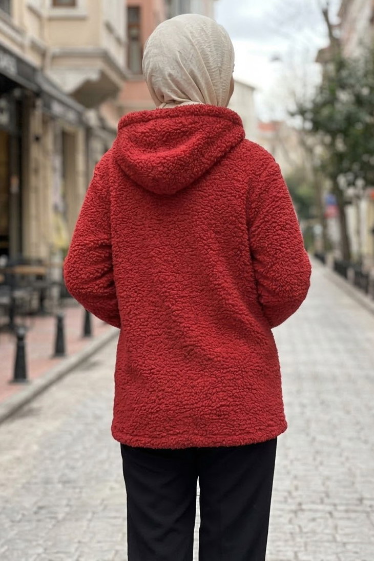 Cepli Kapşonlu Peluş Mont Kirmizi - 29112-KIRMIZI - 3