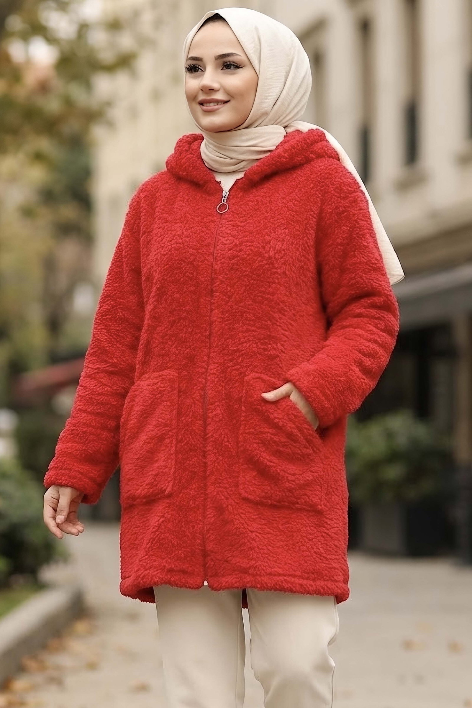 Cepli Kapşonlu Peluş Mont Kirmizi - 29113-KIRMIZI - 1