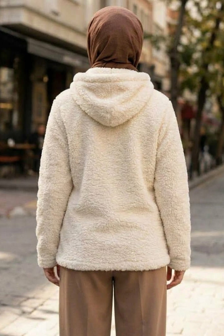 Cepli Kapşonlu Peluş Mont Krem - 29112-KREM - 3