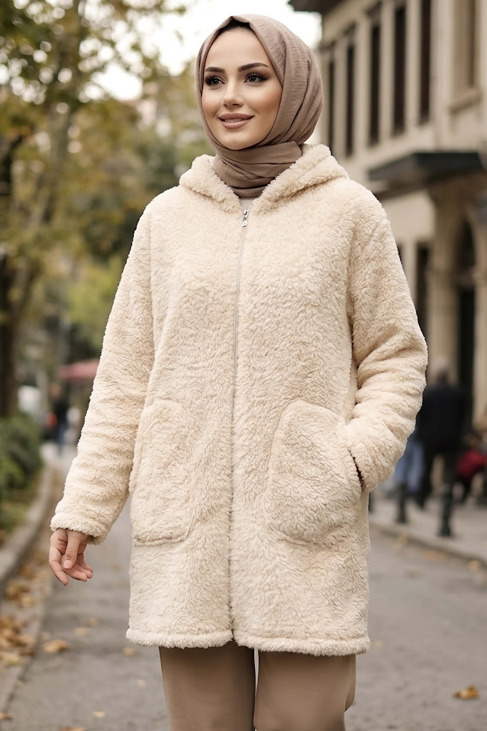 Cepli Kapşonlu Peluş Mont Krem - 29113-KREM - 2