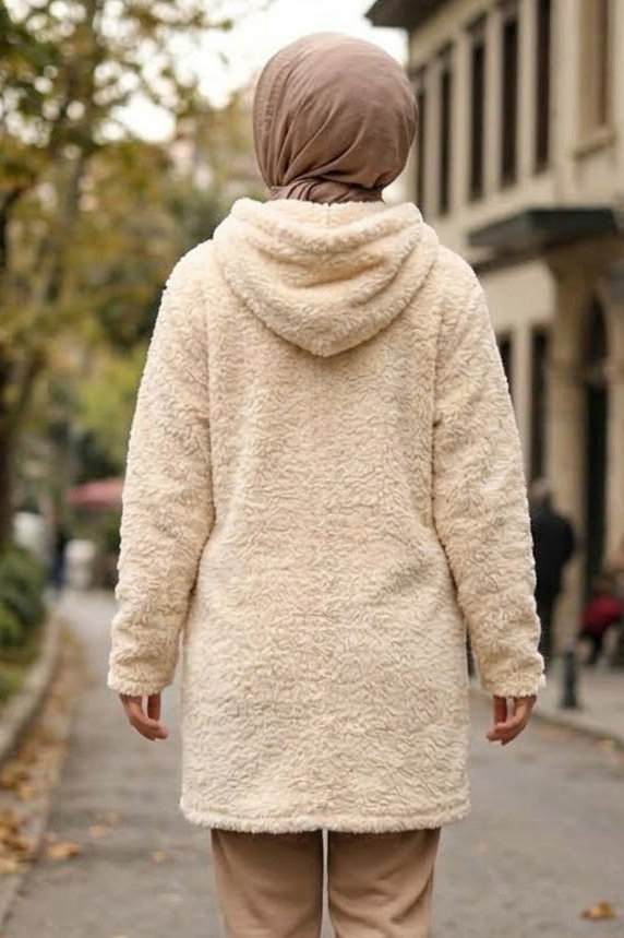 Cepli Kapşonlu Peluş Mont Krem - 29113-KREM - 3