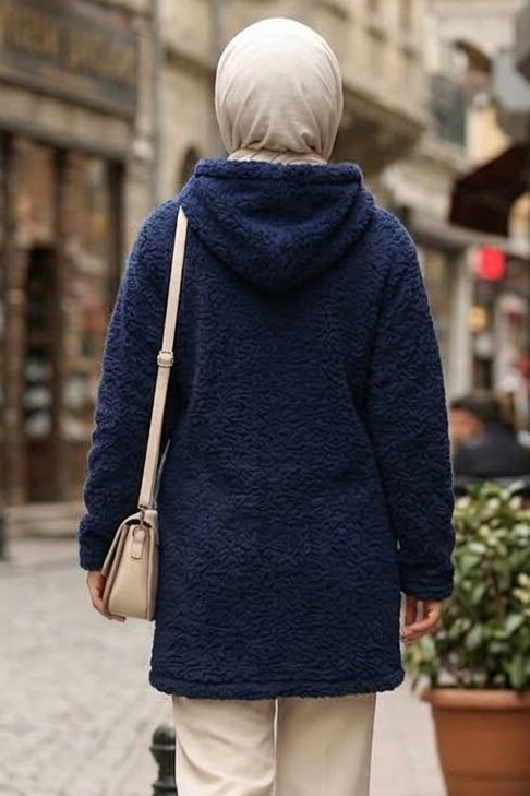 Cepli Kapşonlu Peluş Mont Lacivert - 29113-LACIVERT - 3