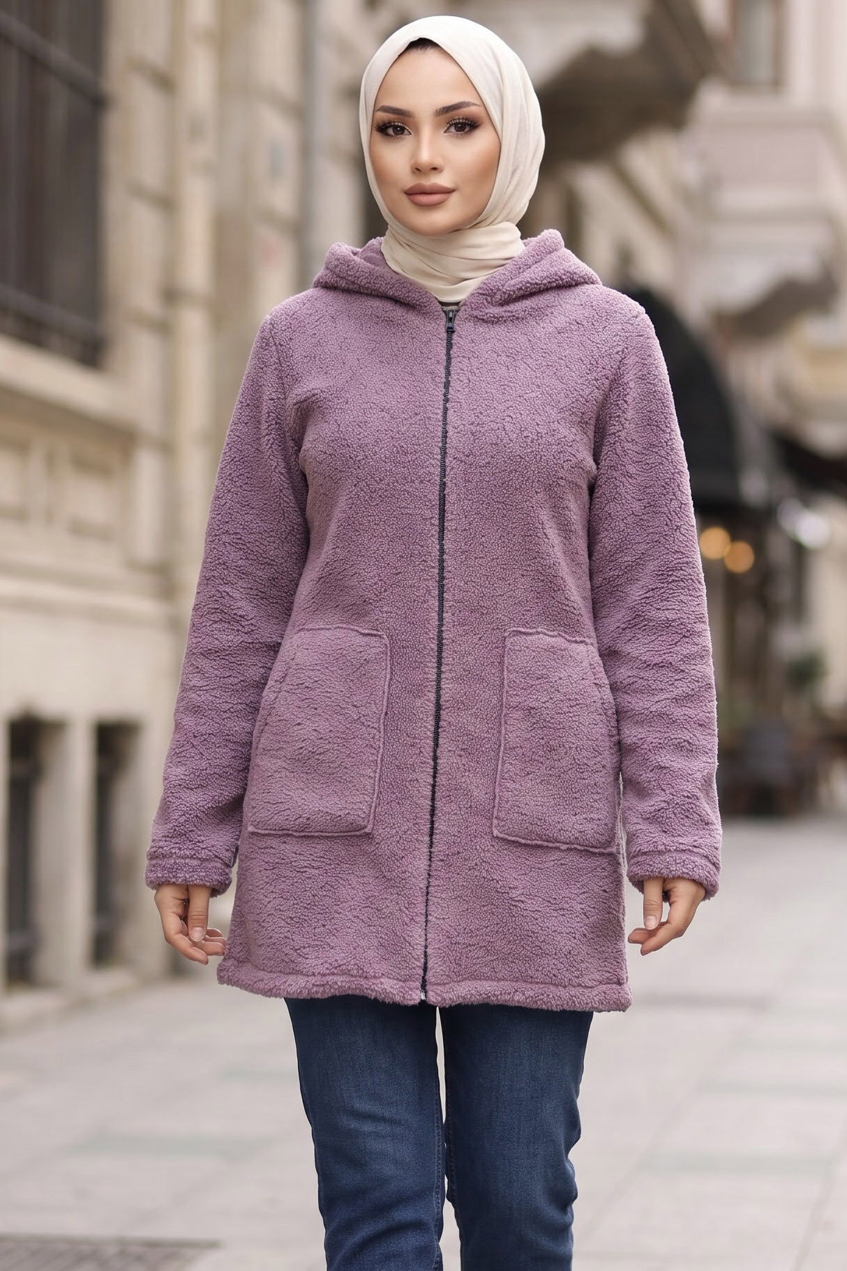 Cepli Kapşonlu Peluş Mont Lila - 29113-LILA - 1