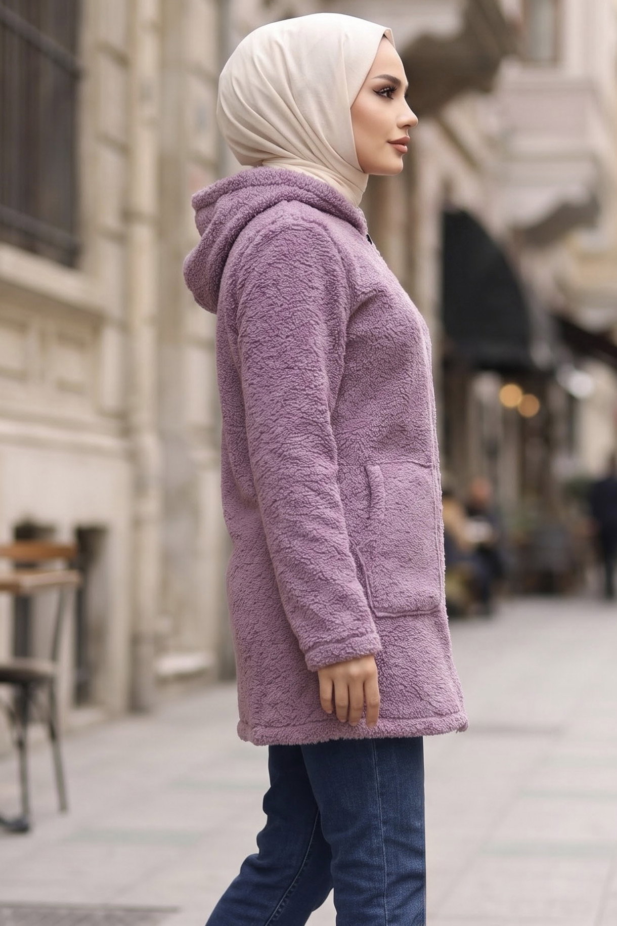Cepli Kapşonlu Peluş Mont Lila - 29113-LILA - 2