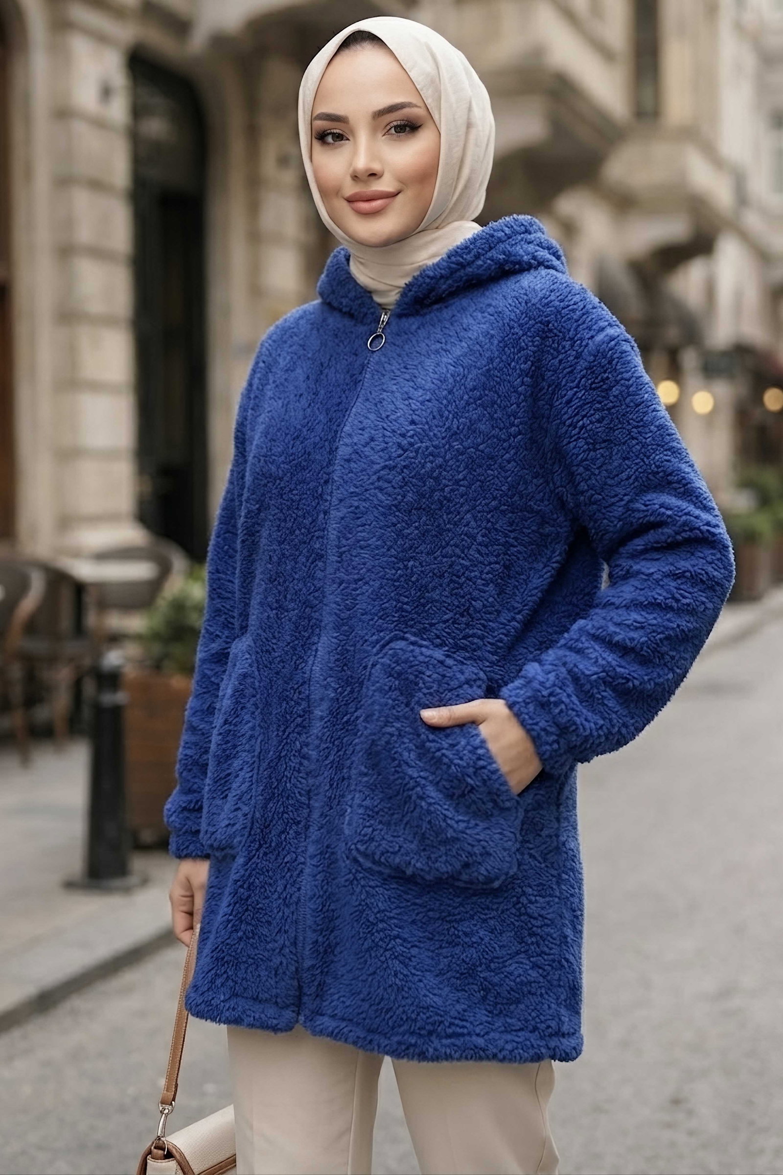 Cepli Kapşonlu Peluş Mont Saks - 29113-SAKS - 1