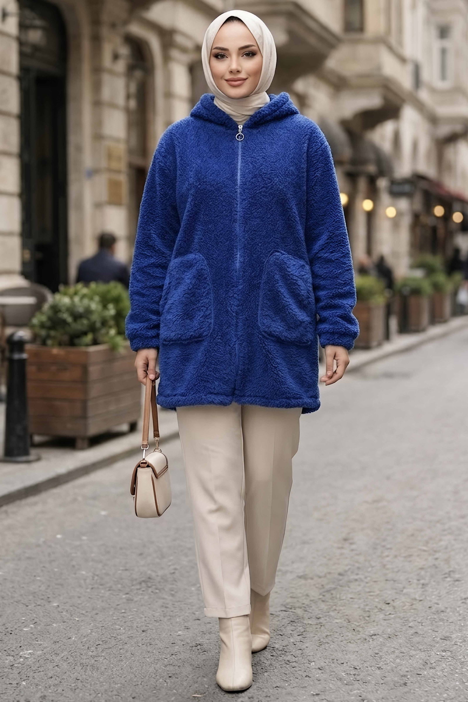 Cepli Kapşonlu Peluş Mont Saks - 29113-SAKS - 2