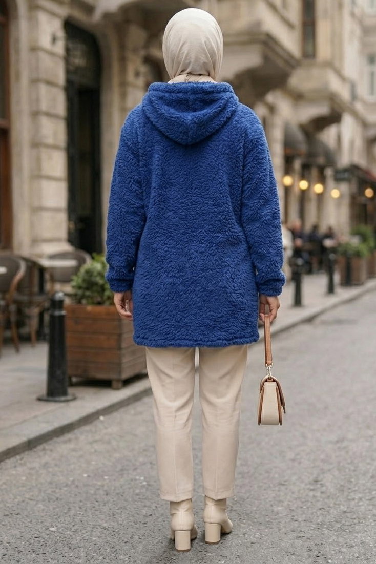 Cepli Kapşonlu Peluş Mont Saks - 29113-SAKS - 3