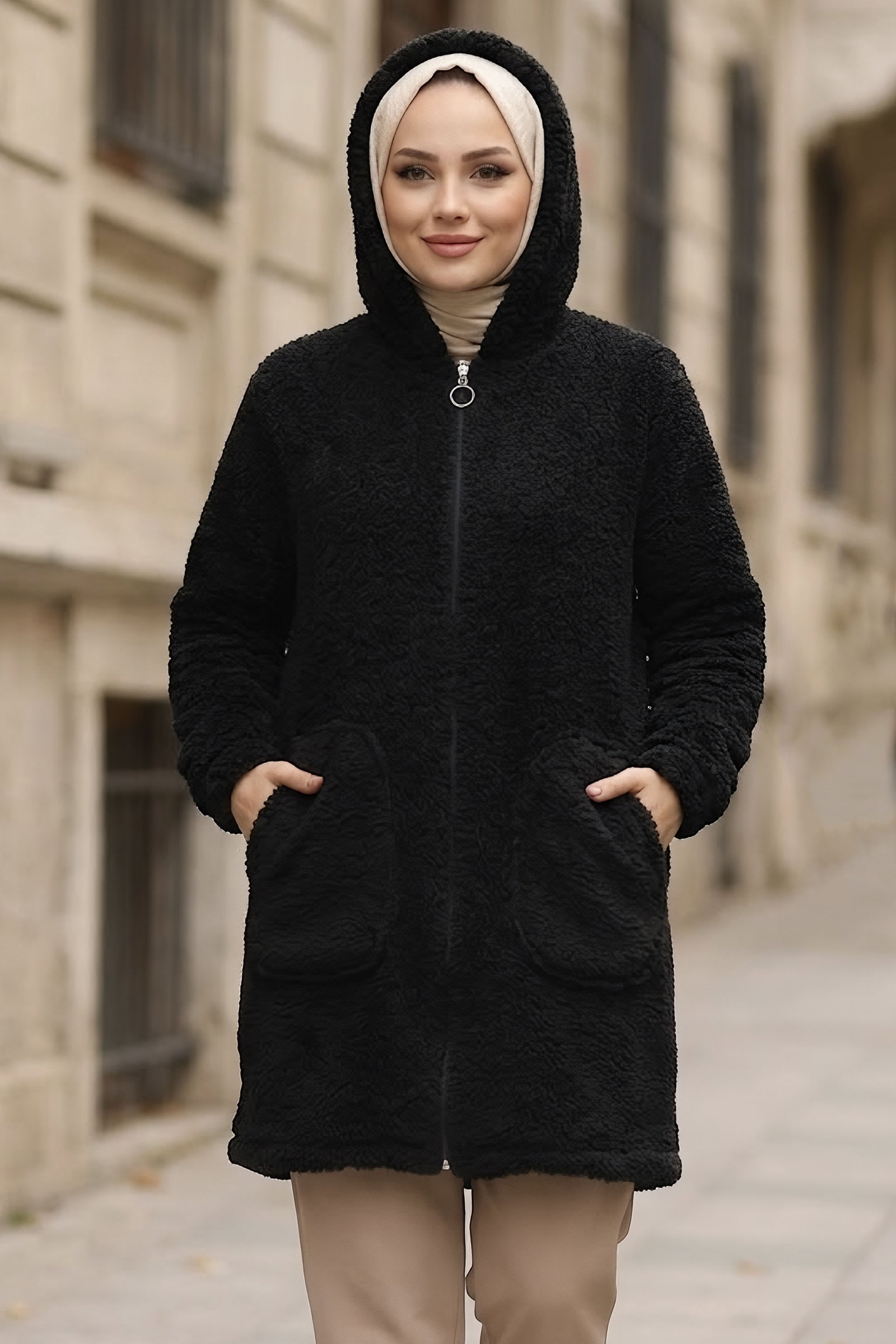 Cepli Kapşonlu Peluş Mont Siyah - 29113-SIYAH - 1