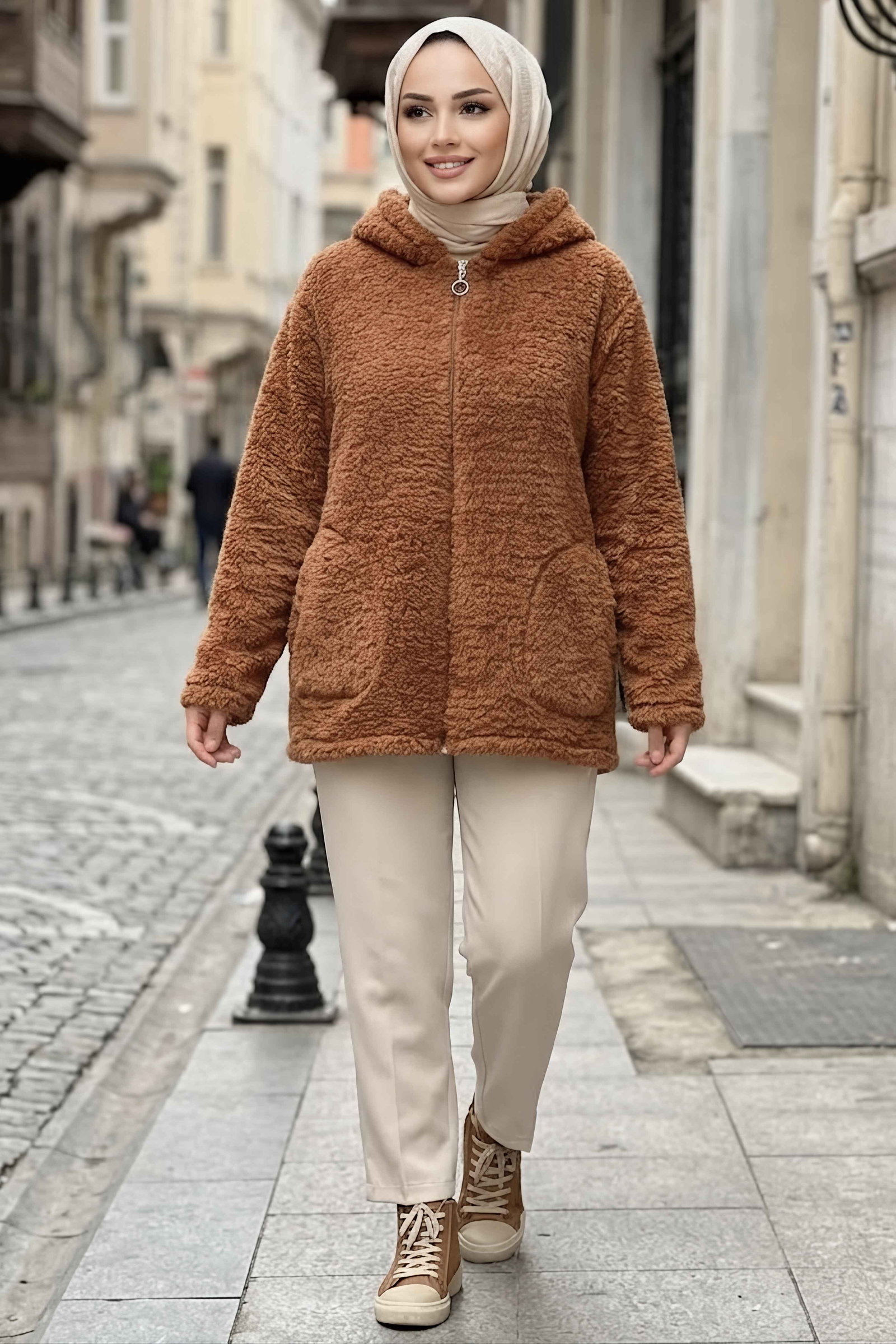 Cepli Kapşonlu Peluş Mont Taba - 29112-TABA - 2
