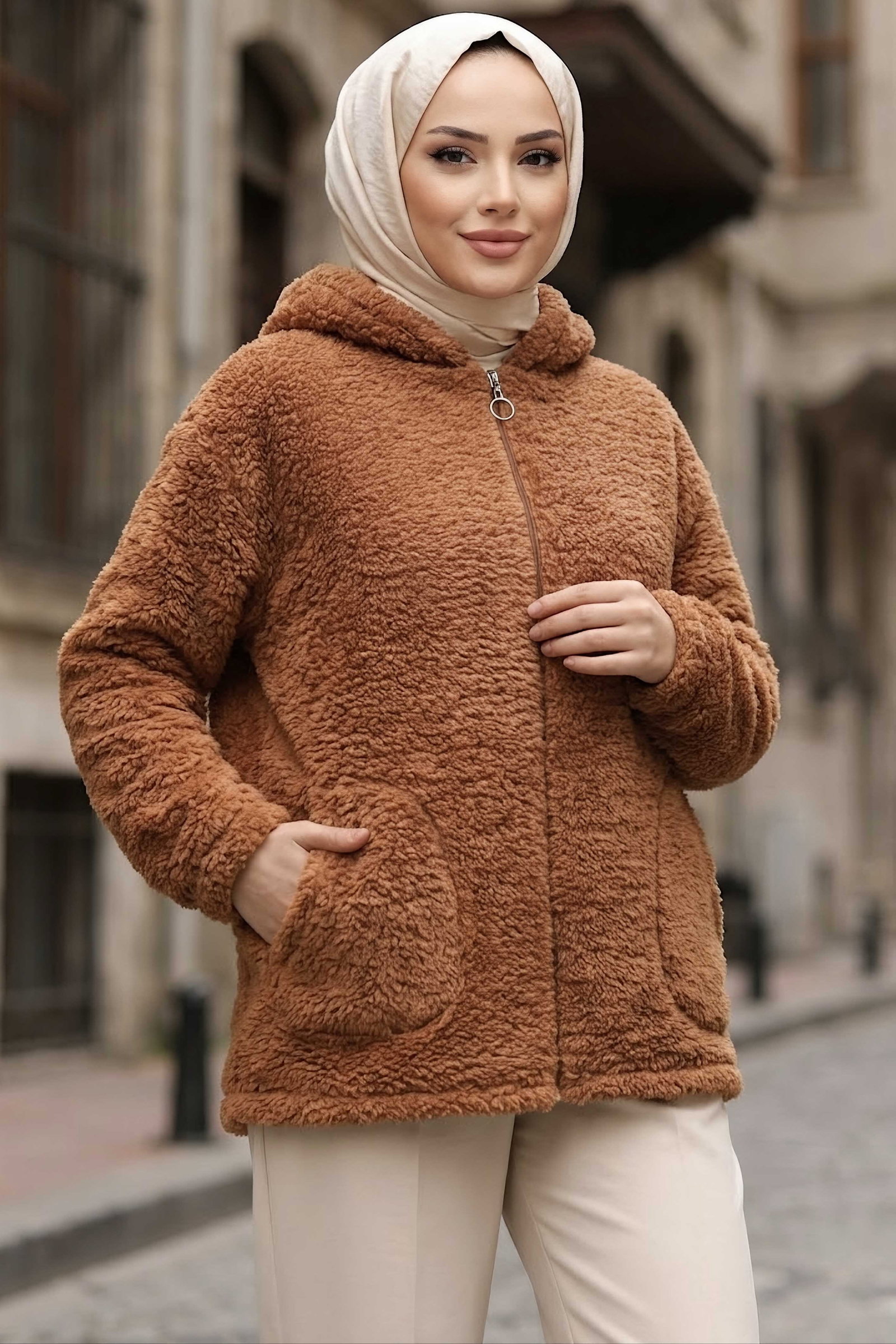 Cepli Kapşonlu Peluş Mont Taba - 29112-TABA - 1