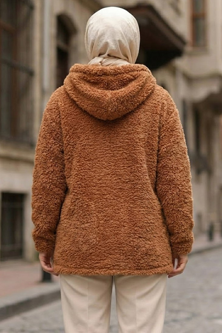 Cepli Kapşonlu Peluş Mont Taba - 29112-TABA - 3