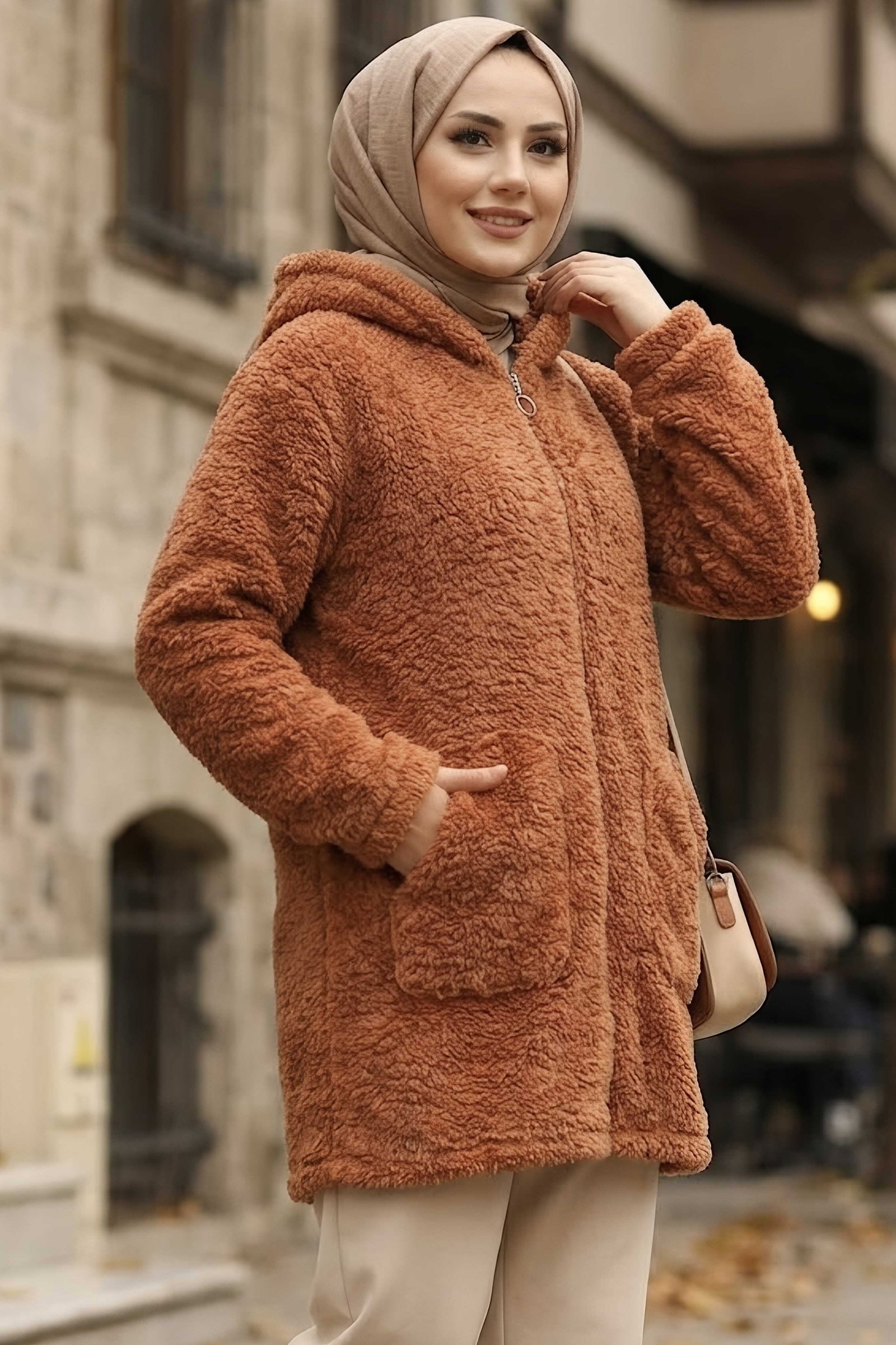 Cepli Kapşonlu Peluş Mont Taba - 29113-TABA - 1